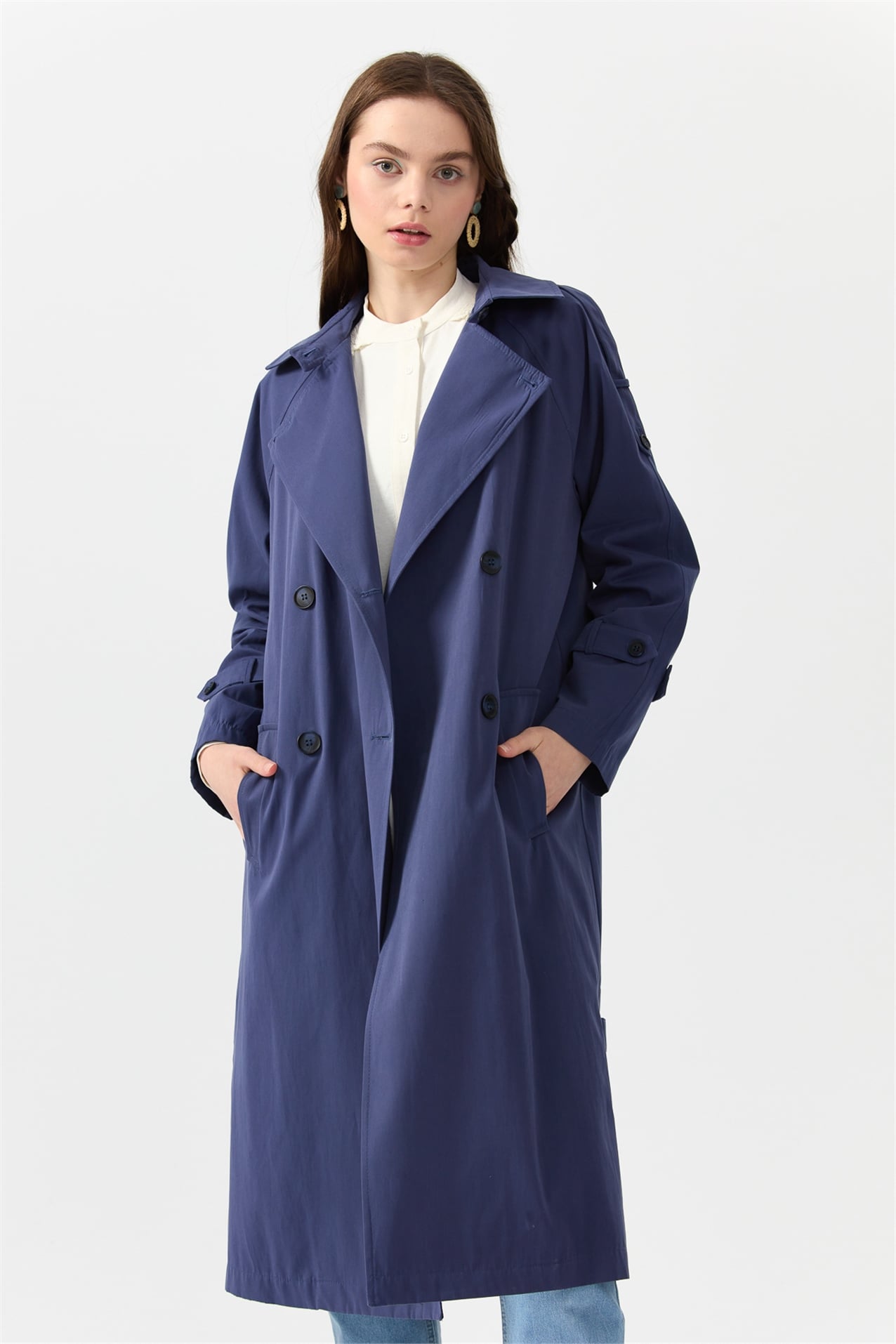 NİHAN Kap Nihan Rahat Formlu Reglan Kol Trençkot  İndigo_modest