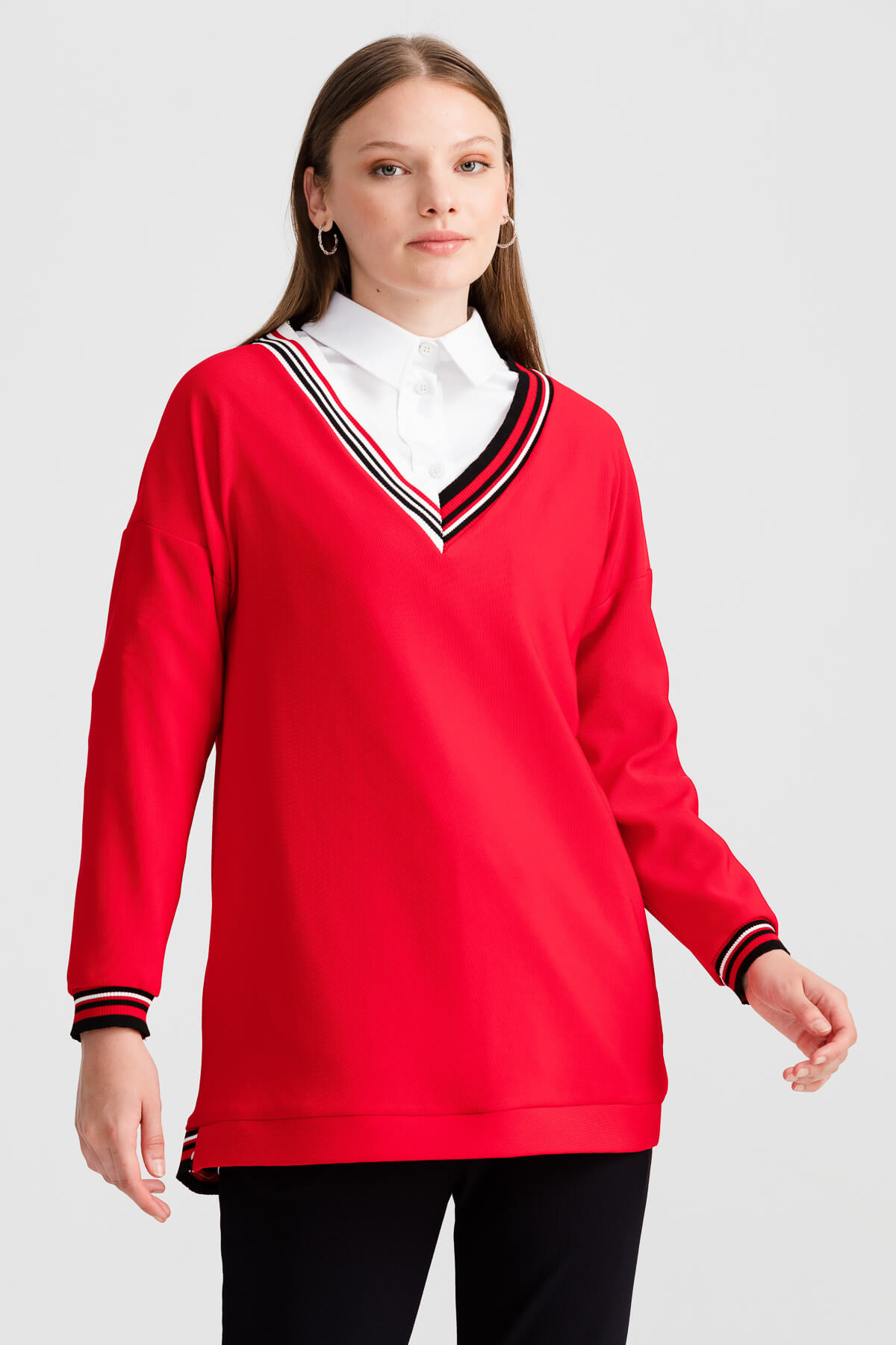 NİHAN Sweat Nihan Ribana Detaylı Sweat  Kırmızı_modest