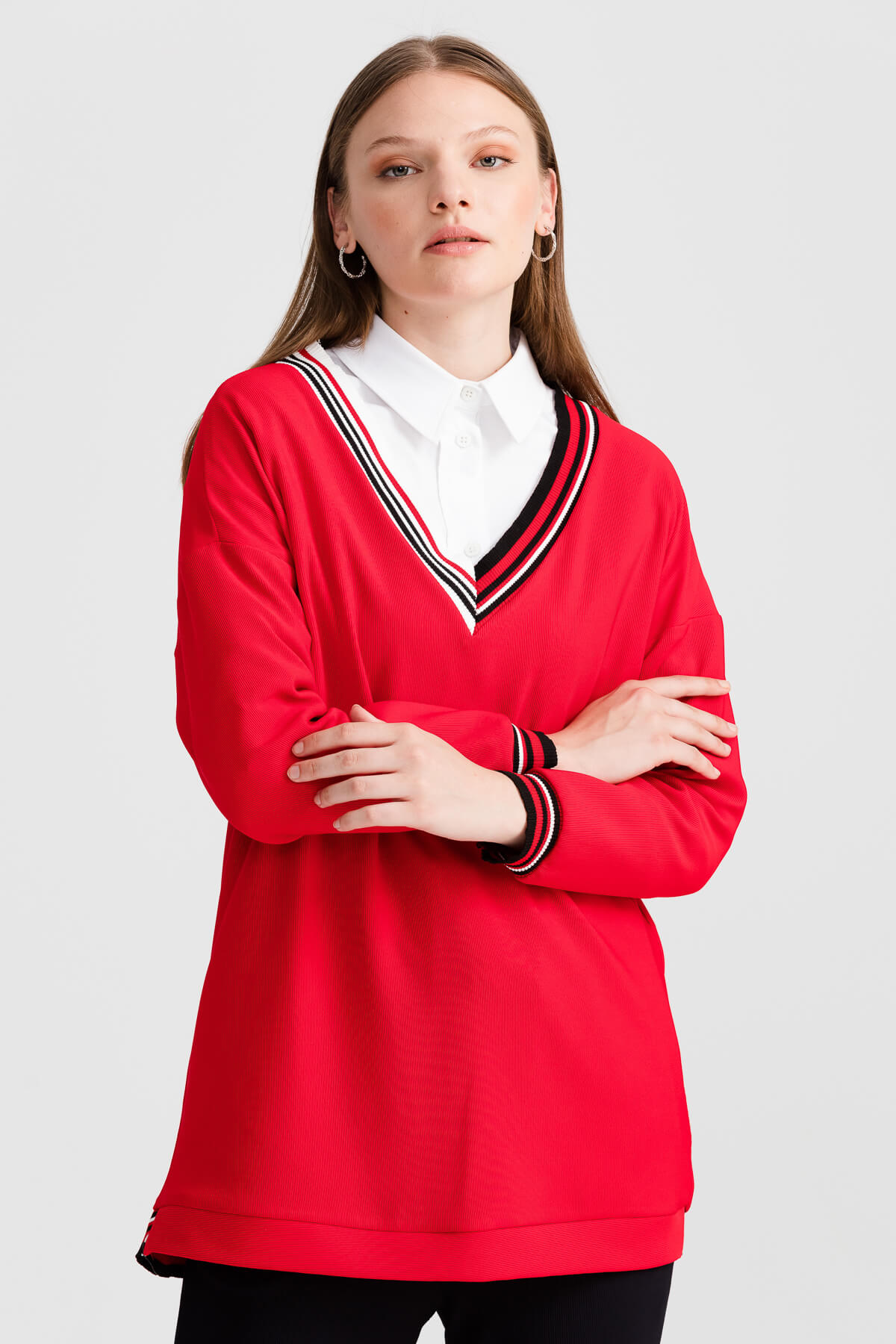 NİHAN Sweat Nihan Ribana Detaylı Sweat  Kırmızı_modest