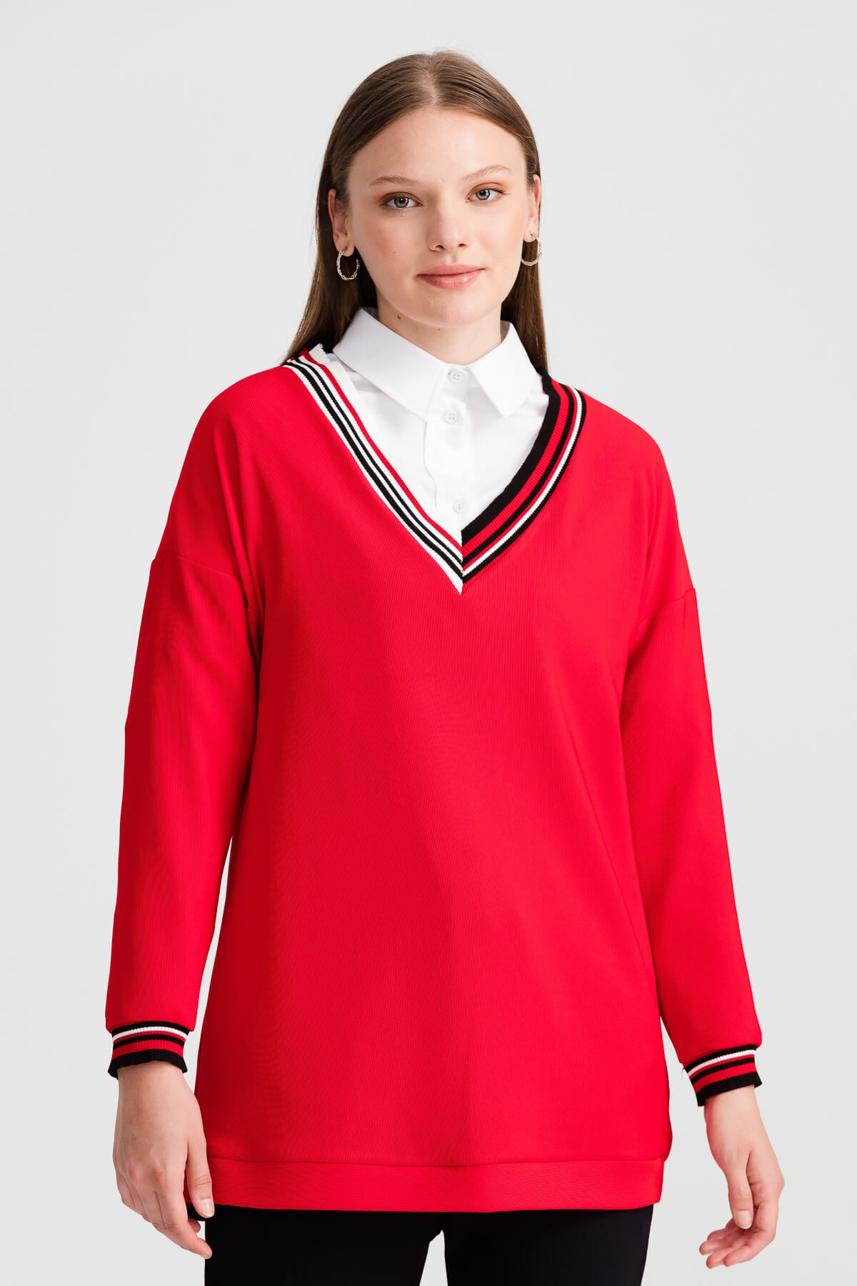 NİHAN Sweat Nihan Ribana Detaylı Sweat  Kırmızı_modest