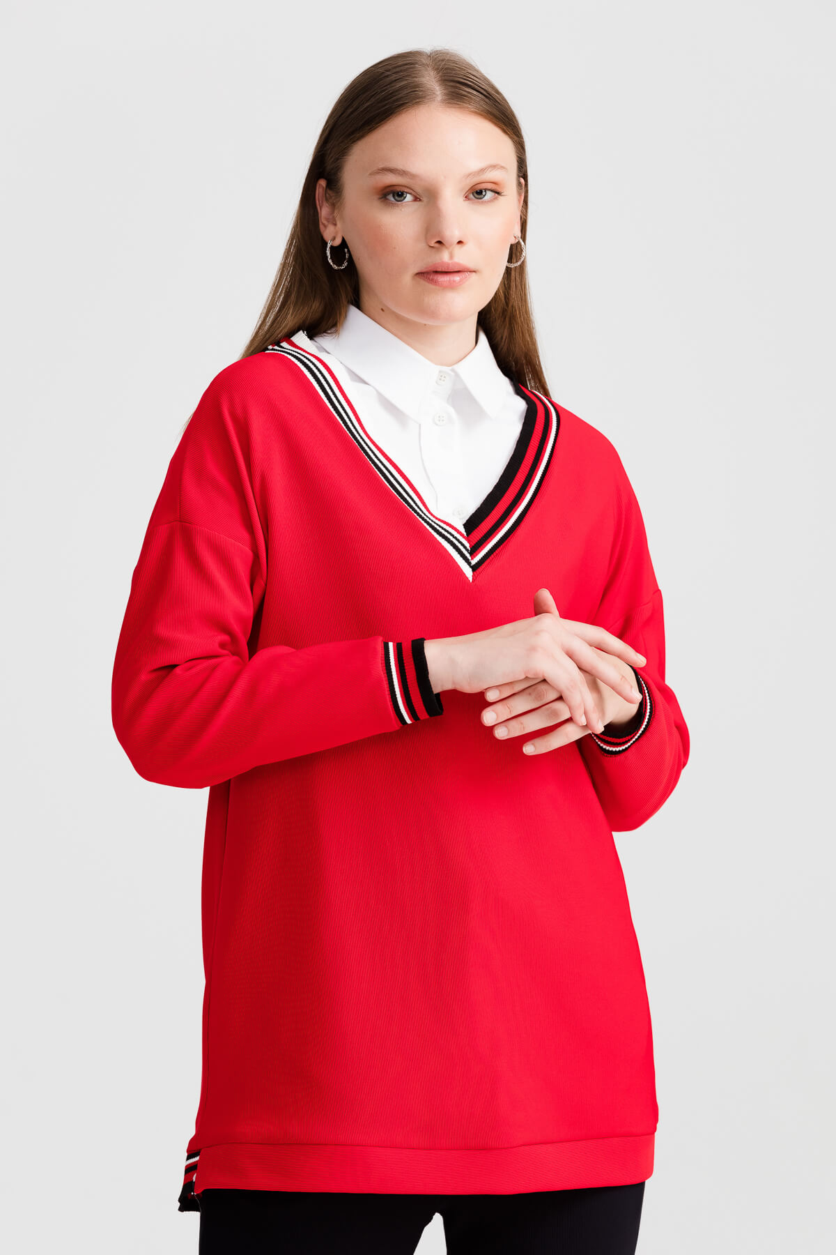 NİHAN Sweat Nihan Ribana Detaylı Sweat  Kırmızı_modest