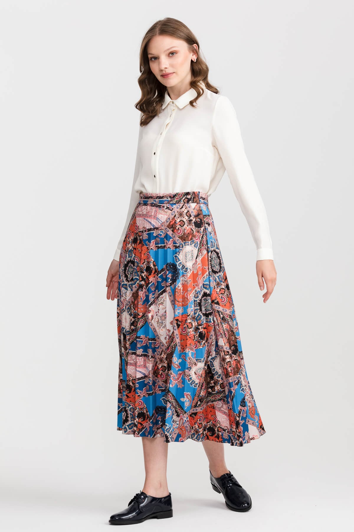 NİHAN Skirt Nihan Scuba Pilise Etek  Mavi_modest