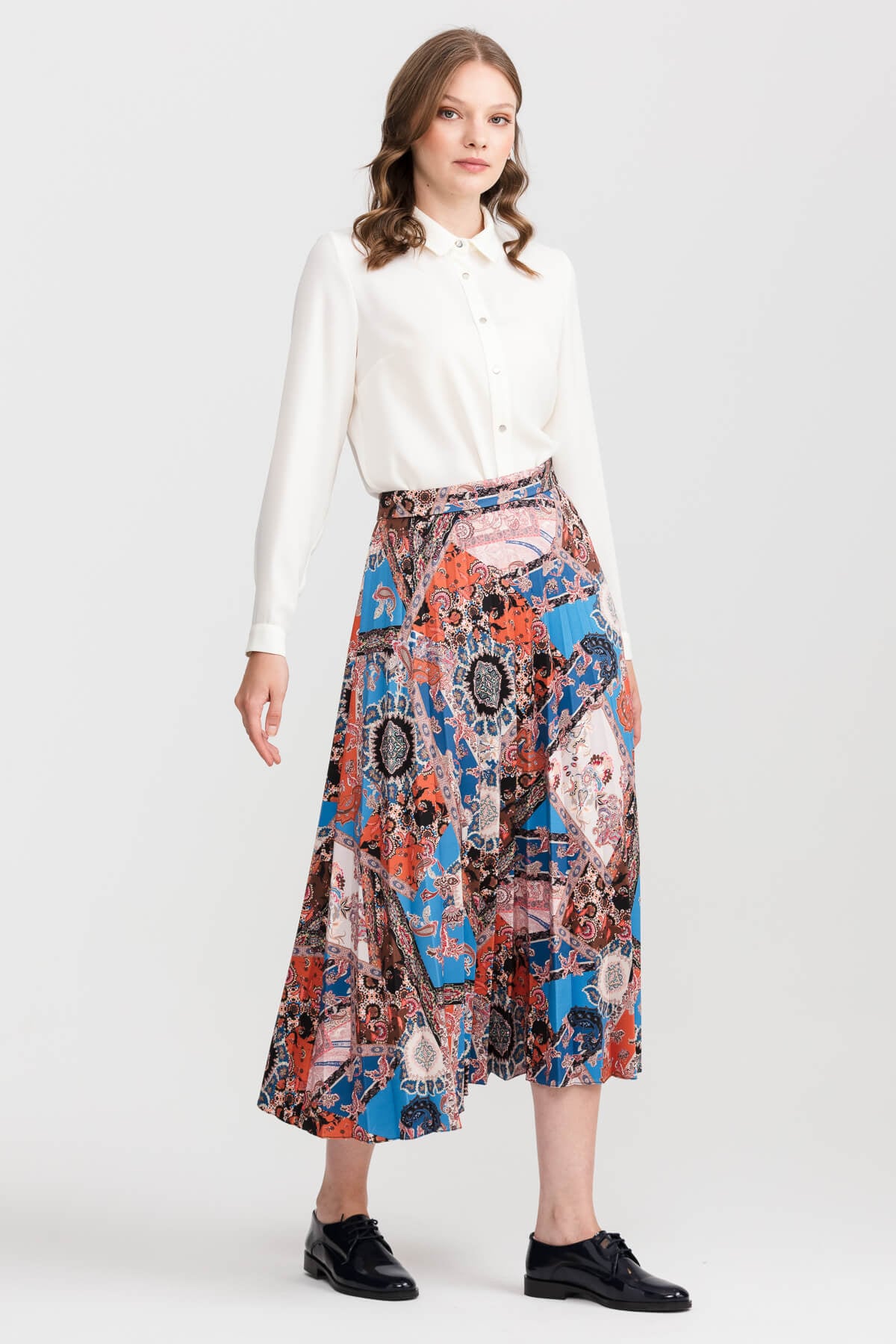 NİHAN Skirt Nihan Scuba Pilise Etek  Mavi_modest