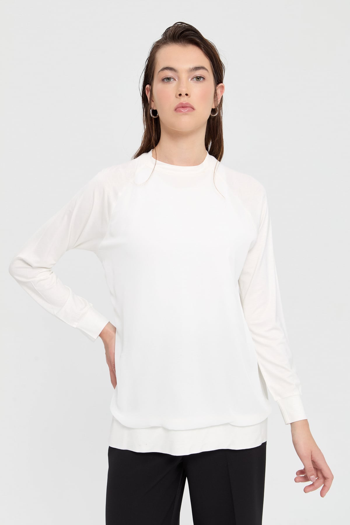 NİHAN Blouse Nihan Şifon Detaylı Penye Bluz  Ekru_modest