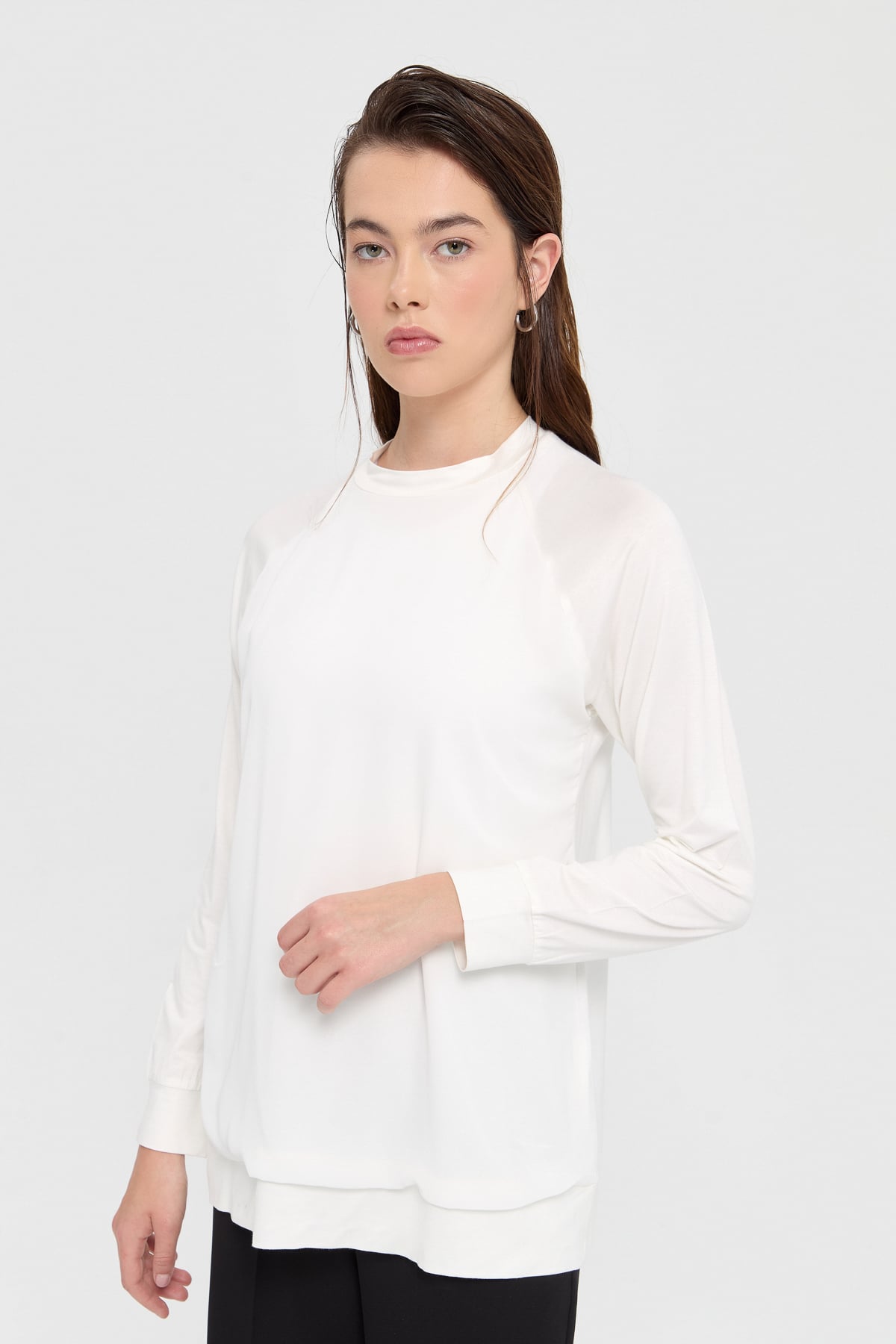 NİHAN Blouse Nihan Şifon Detaylı Penye Bluz  Ekru_modest