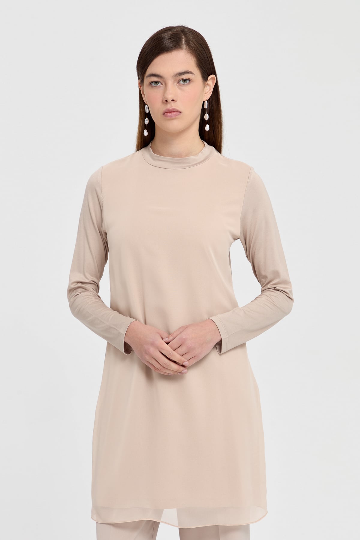 NİHAN Tunic Nihan Şifonlu Penye Tunik  Taş_modest
