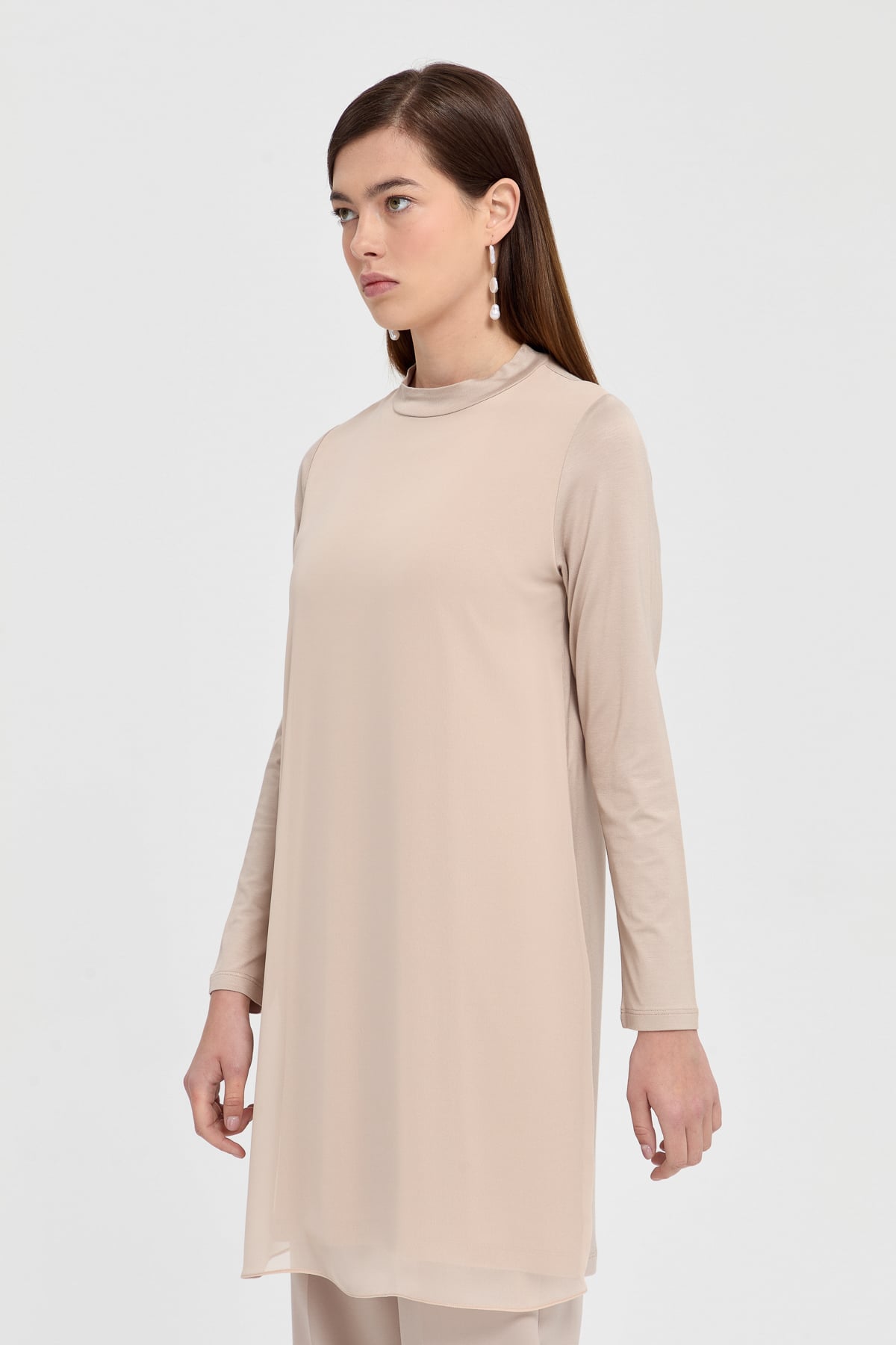 NİHAN Tunic Nihan Şifonlu Penye Tunik  Taş_modest