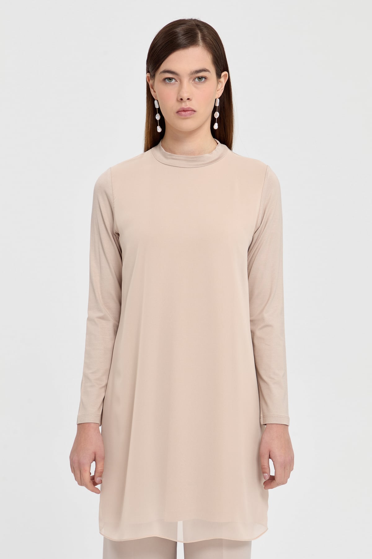 NİHAN Tunic Nihan Şifonlu Penye Tunik  Taş_modest