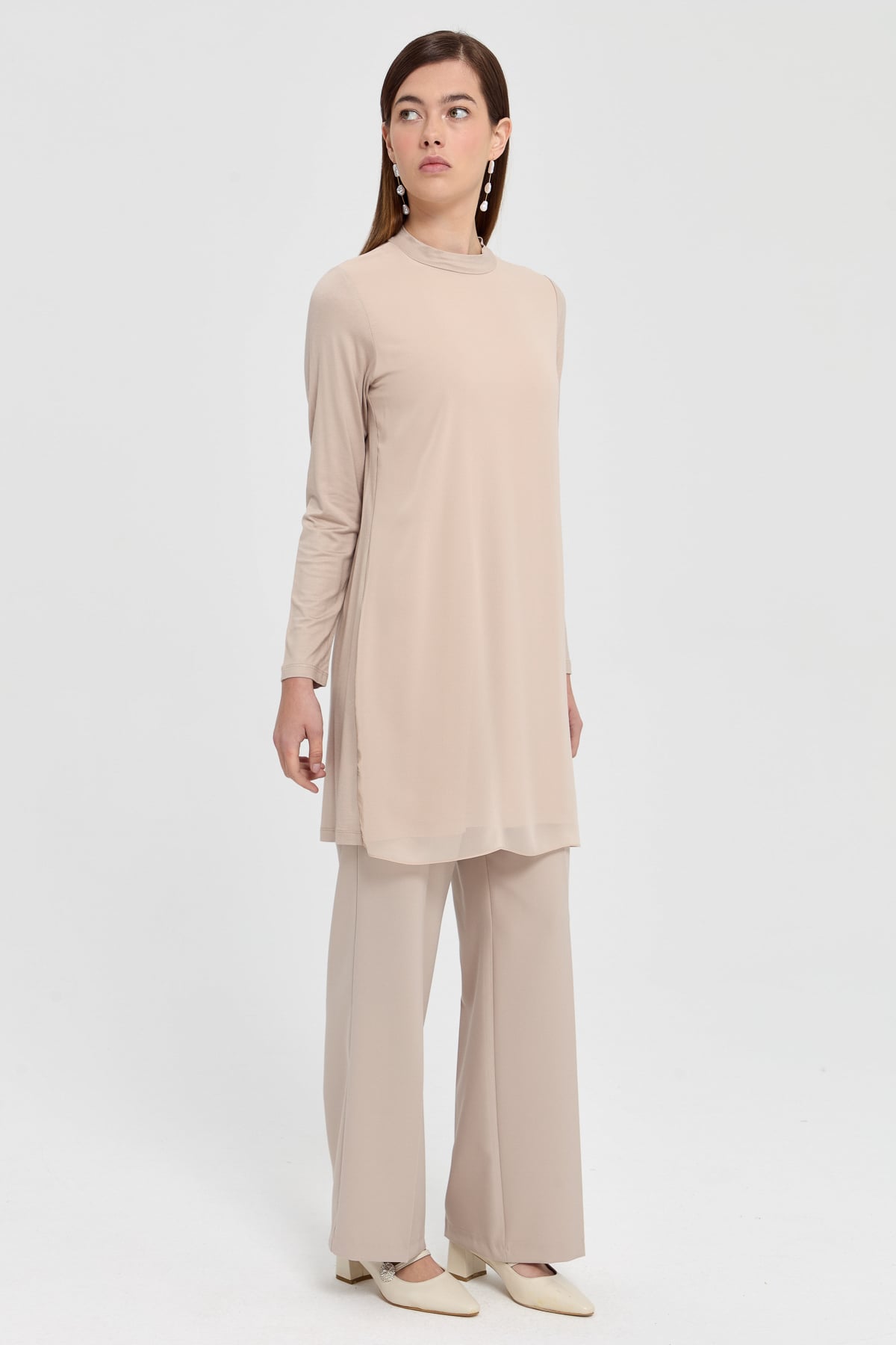 NİHAN Tunic Nihan Şifonlu Penye Tunik  Taş_modest