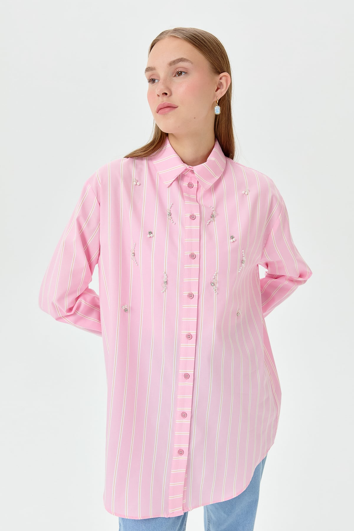 NİHAN Tunik Nihan Taş Detaylı Gömlek Yaka Oversize Tunik  Pembe_modest