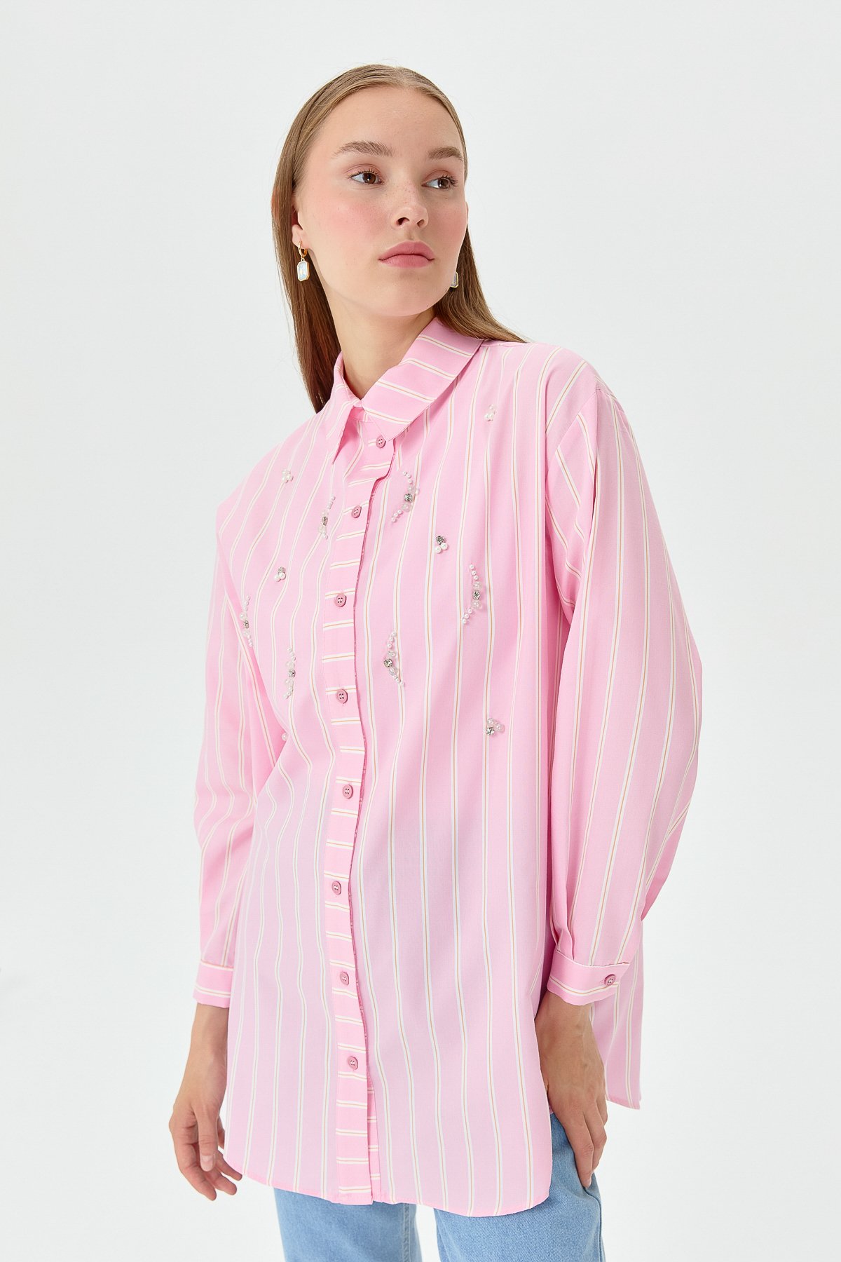 NİHAN Tunik Nihan Taş Detaylı Gömlek Yaka Oversize Tunik  Pembe_modest