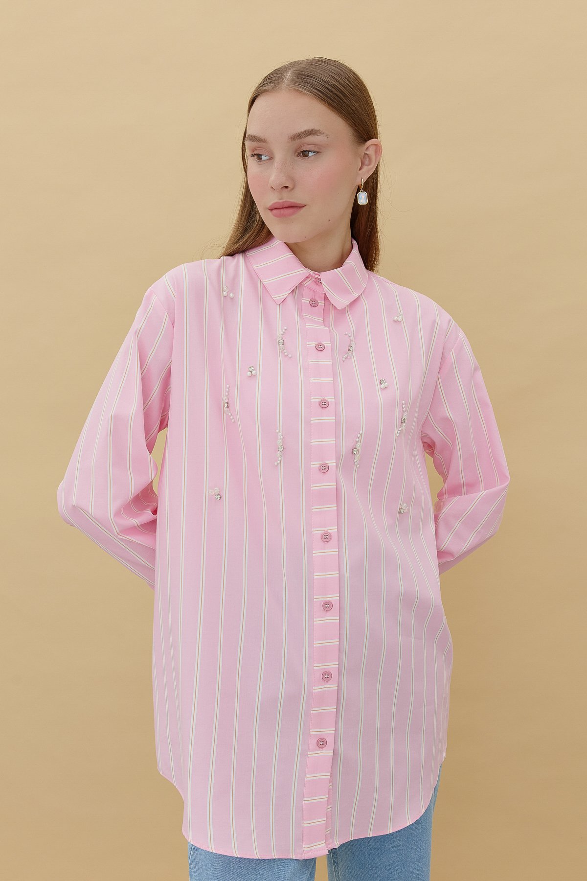 NİHAN Tunik Nihan Taş Detaylı Gömlek Yaka Oversize Tunik  Pembe_modest