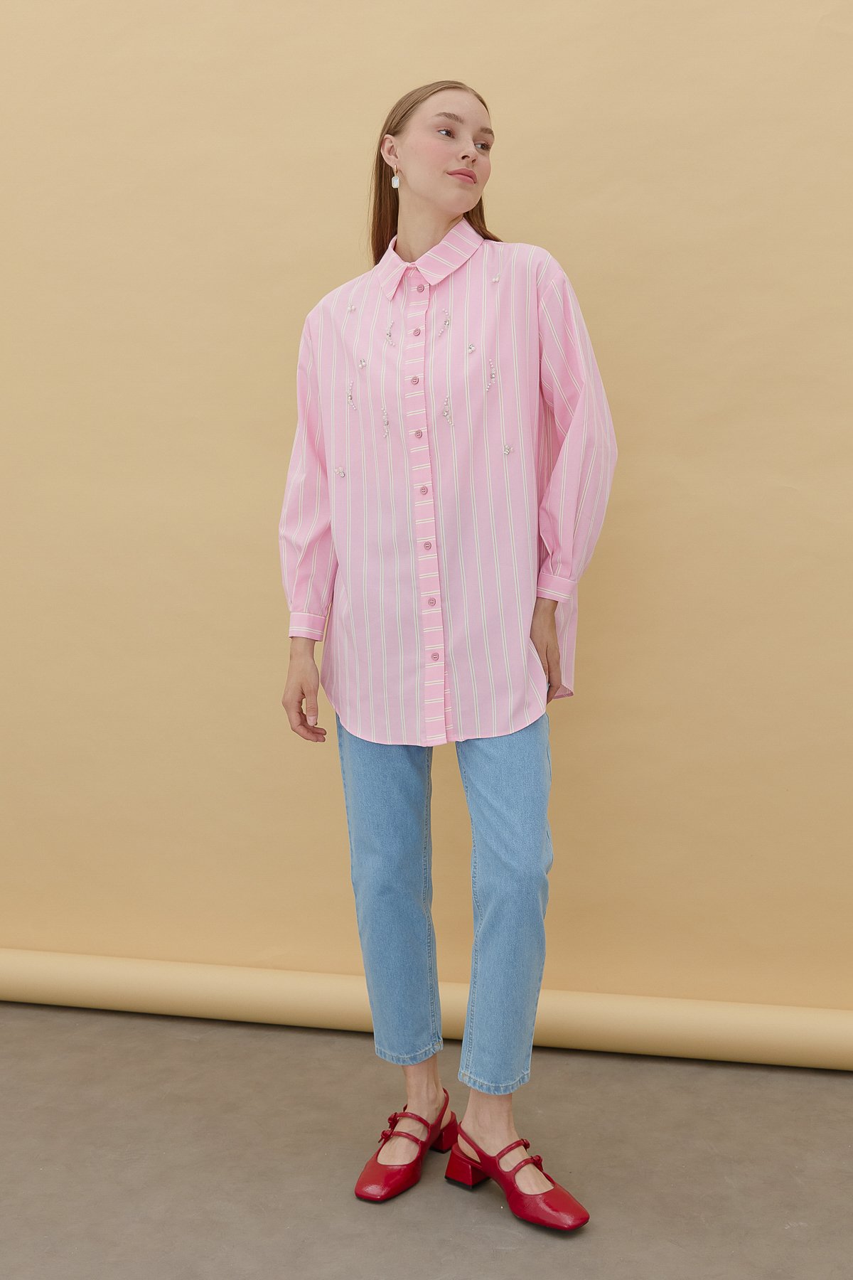 NİHAN Tunik Nihan Taş Detaylı Gömlek Yaka Oversize Tunik  Pembe_modest