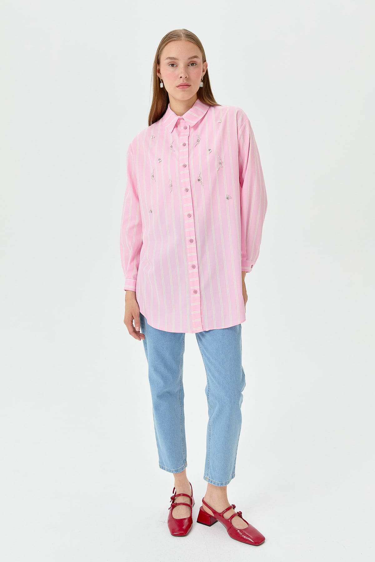 NİHAN Tunik Nihan Taş Detaylı Gömlek Yaka Oversize Tunik  Pembe_modest