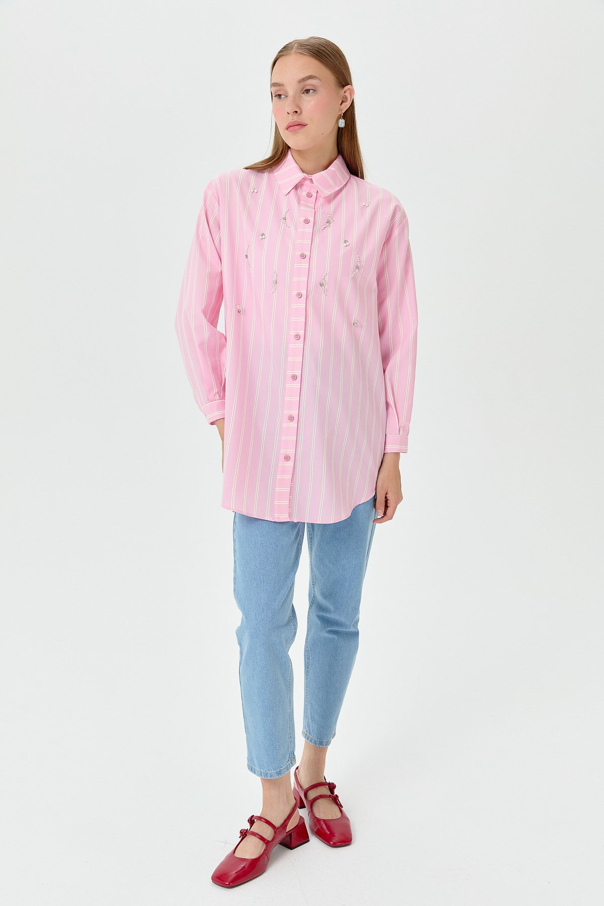 NİHAN Tunik Nihan Taş Detaylı Gömlek Yaka Oversize Tunik  Pembe_modest