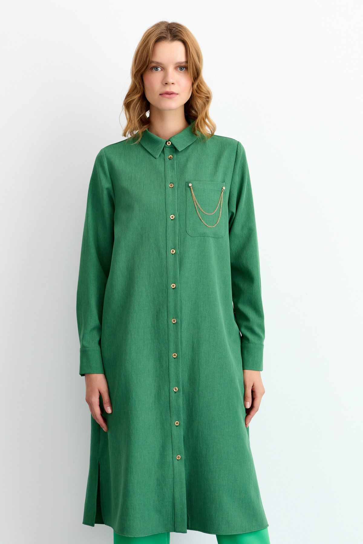 NİHAN Tunik Nihan Tek Cepli Uzun Gömlek Tunik  Yeşil_modest
