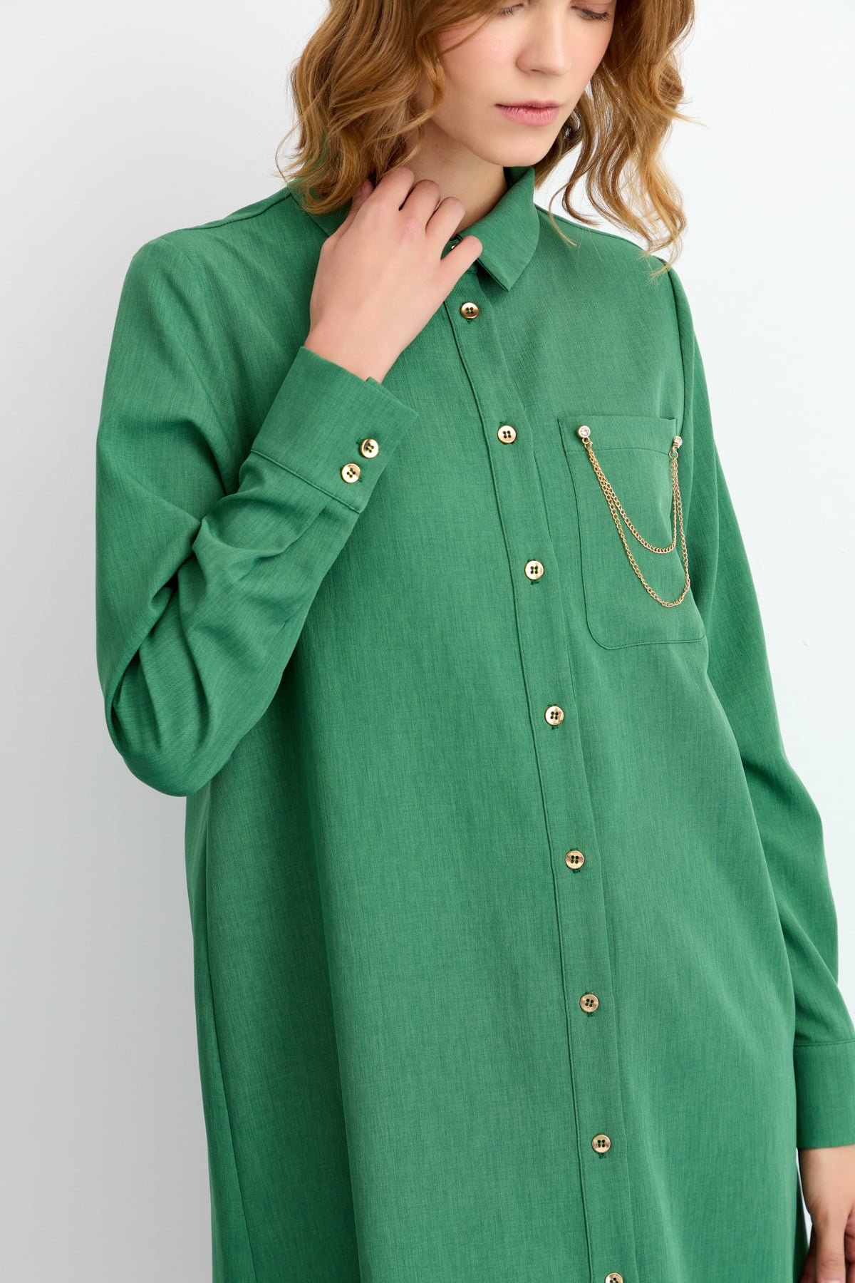 NİHAN Tunik Nihan Tek Cepli Uzun Gömlek Tunik  Yeşil_modest