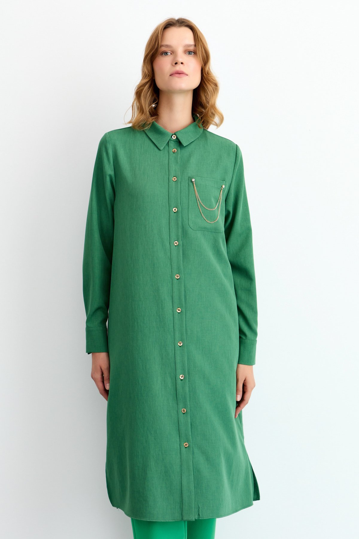 NİHAN Tunik Nihan Tek Cepli Uzun Gömlek Tunik  Yeşil_modest