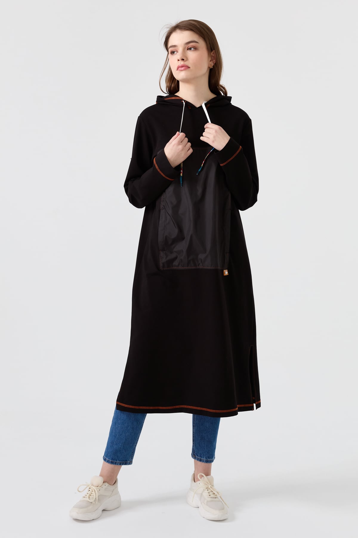 NİHAN Tunik Nihan Uzun Spor Kapşonlu Tunik  Siyah_modest