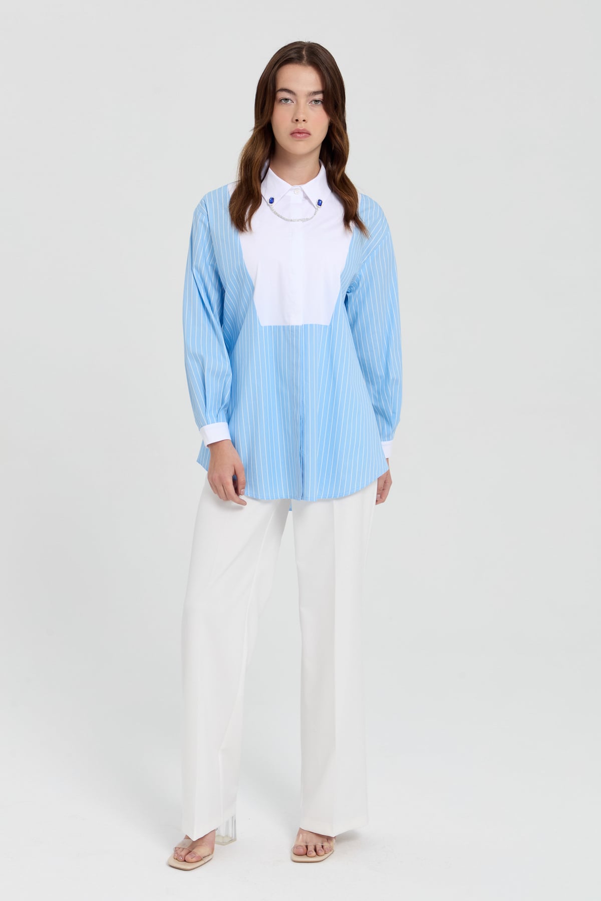 NİHAN Tunik Nihan Yaka Aksesuarlı Çizgili Poplin Tunik  Açık Mavi_modest