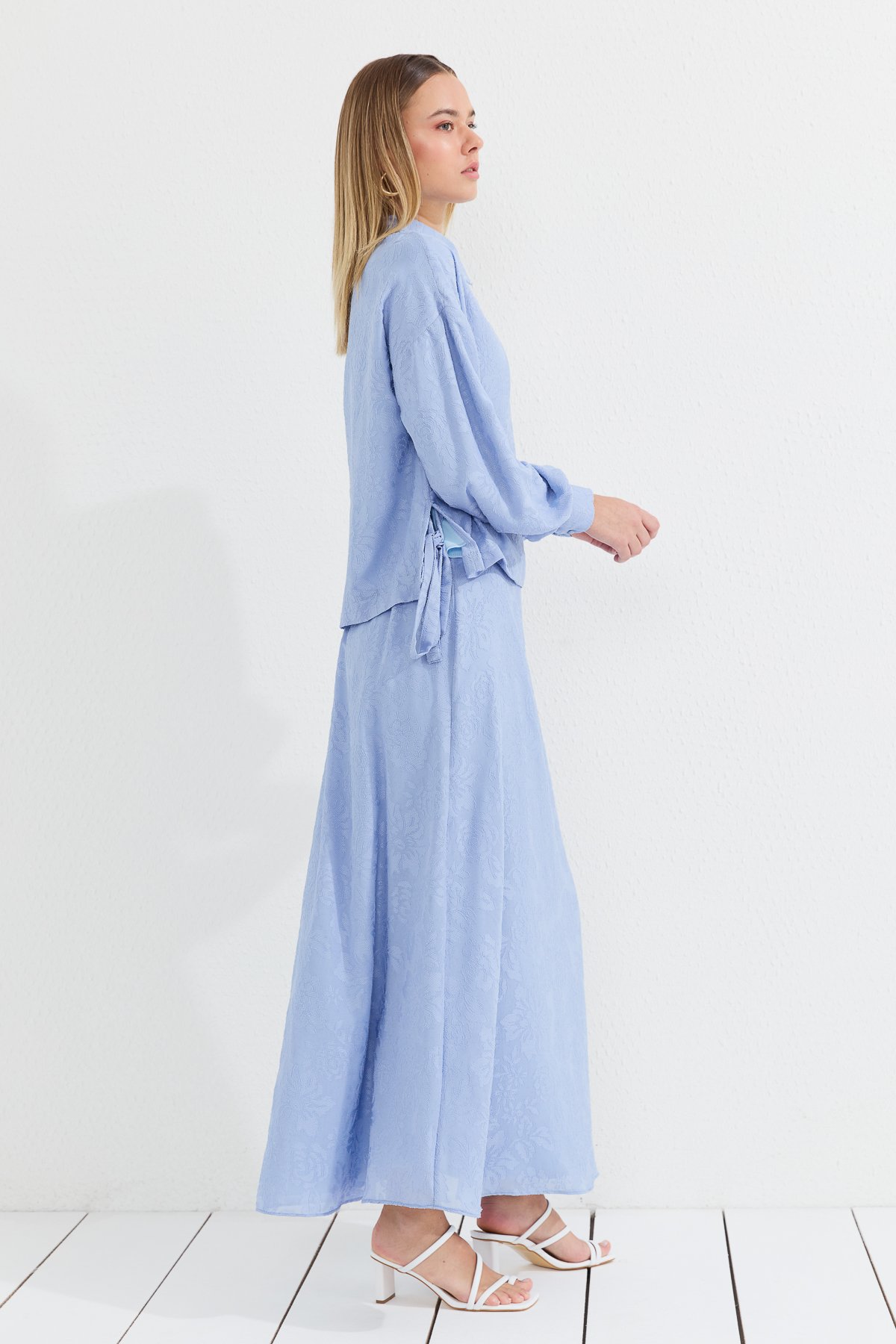 NİHAN Takım Nihan Yandan Yırtmaçlı Bağlamalı Etek Bluz Takım  Açık Mavi_modest