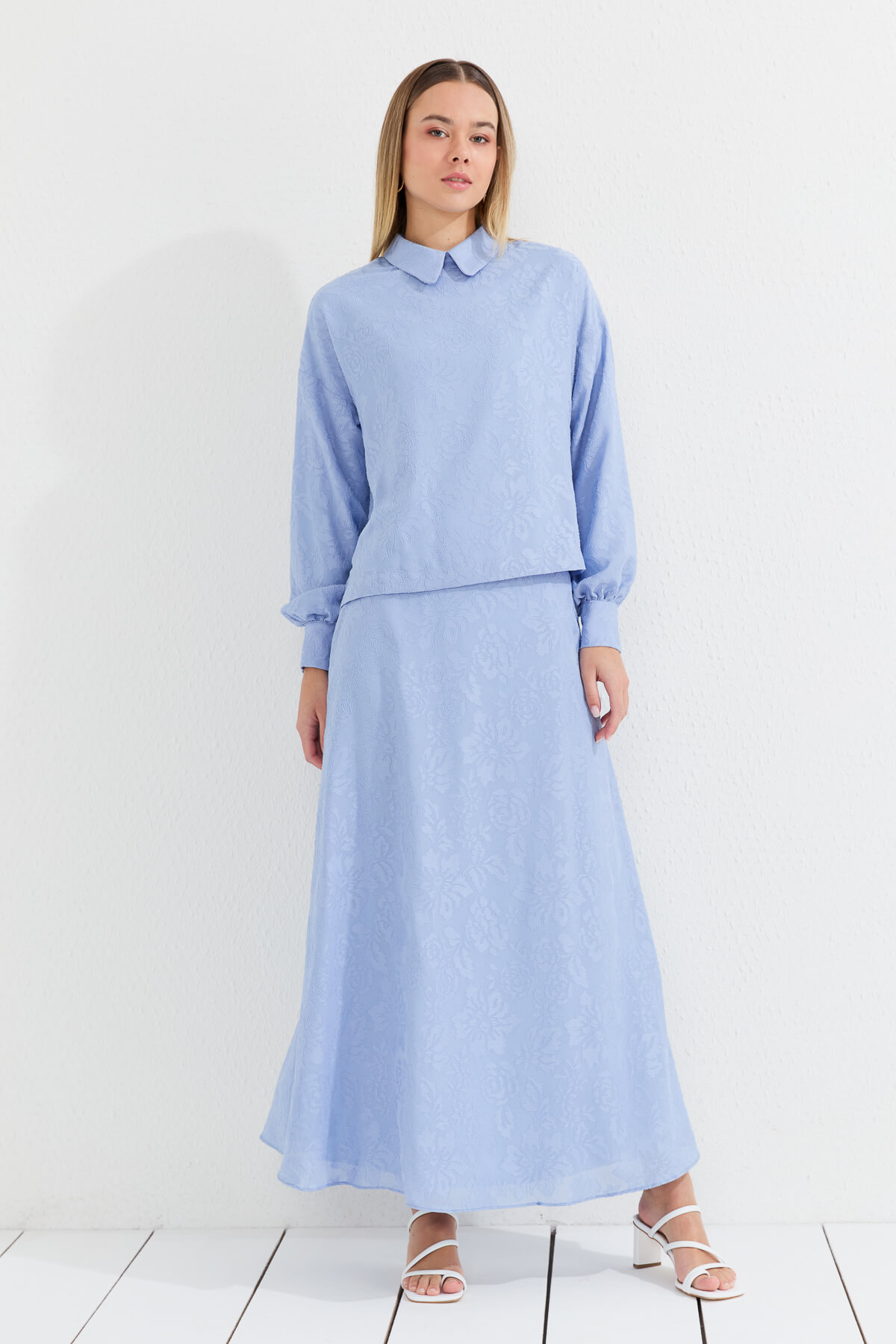 NİHAN Takım Nihan Yandan Yırtmaçlı Bağlamalı Etek Bluz Takım  Açık Mavi_modest