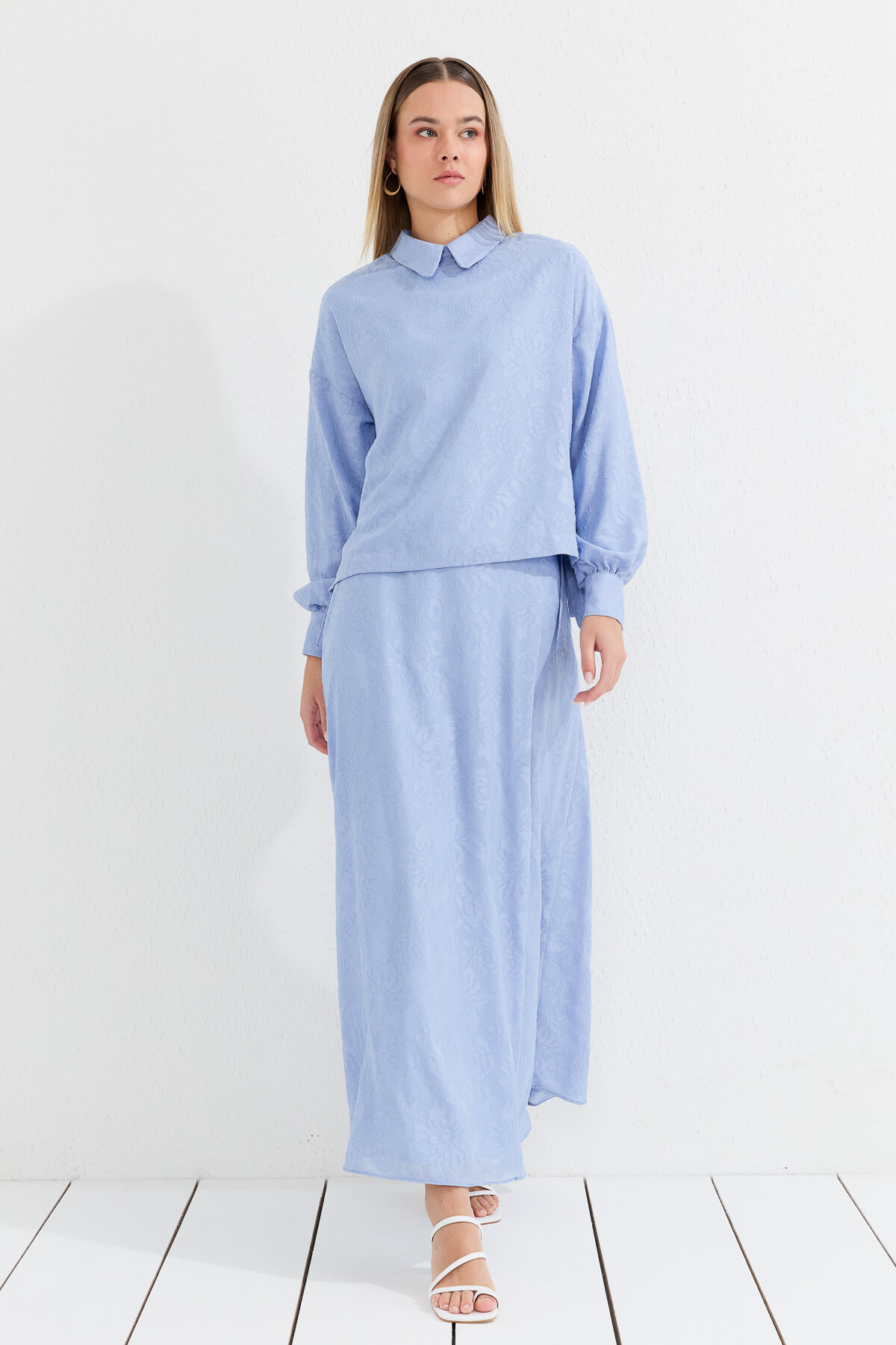 NİHAN Takım Nihan Yandan Yırtmaçlı Bağlamalı Etek Bluz Takım  Açık Mavi_modest