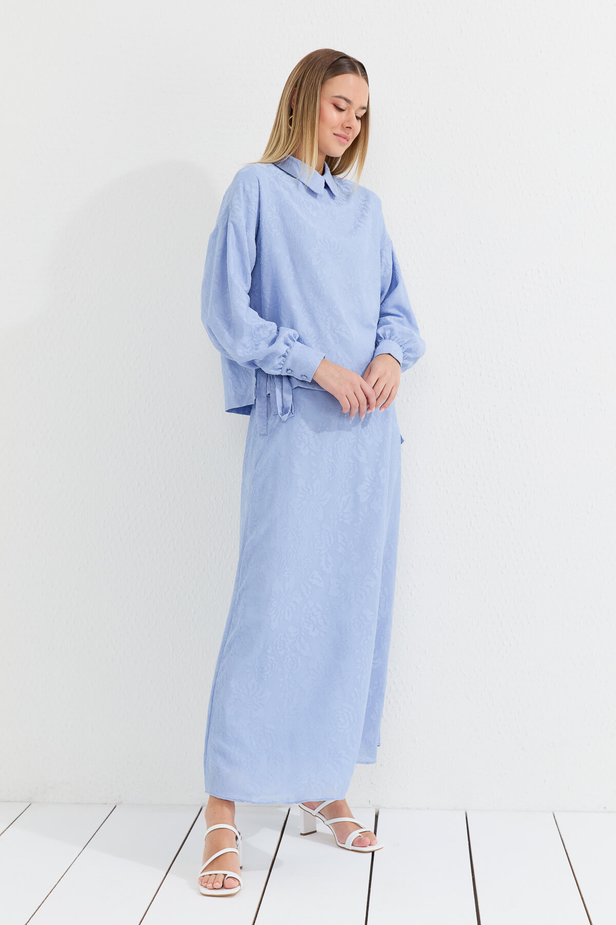 NİHAN Takım Nihan Yandan Yırtmaçlı Bağlamalı Etek Bluz Takım  Açık Mavi_modest