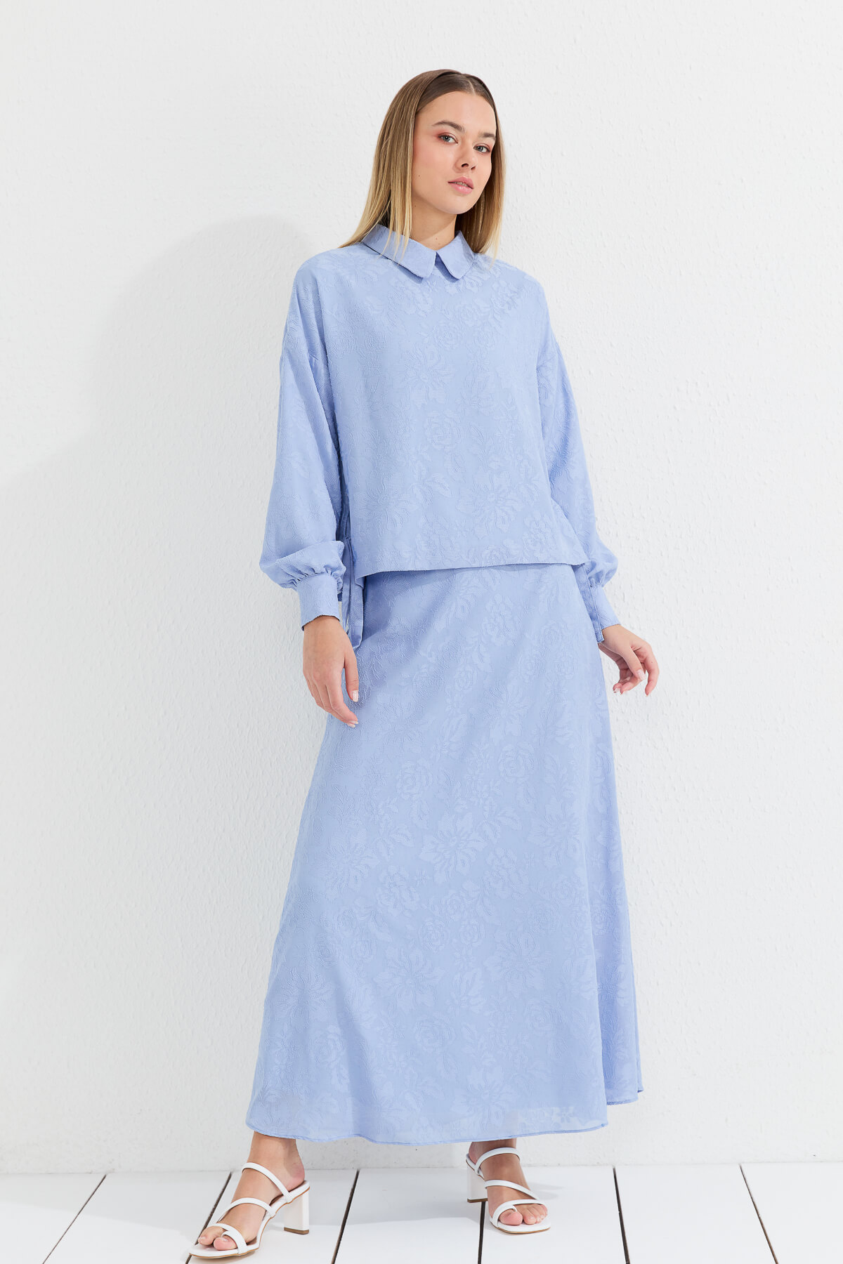 NİHAN Takım Nihan Yandan Yırtmaçlı Bağlamalı Etek Bluz Takım  Açık Mavi_modest