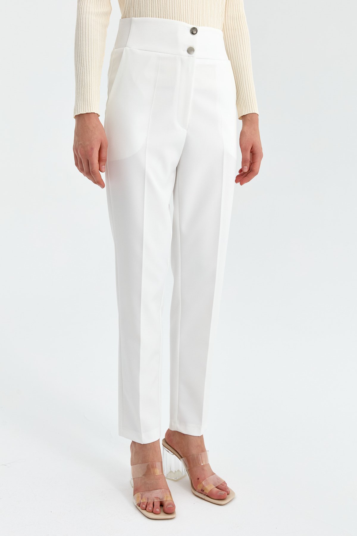 NİHAN Pants Nihan Yüksek Bel Dar Paça Pantolon  Ekru_modest