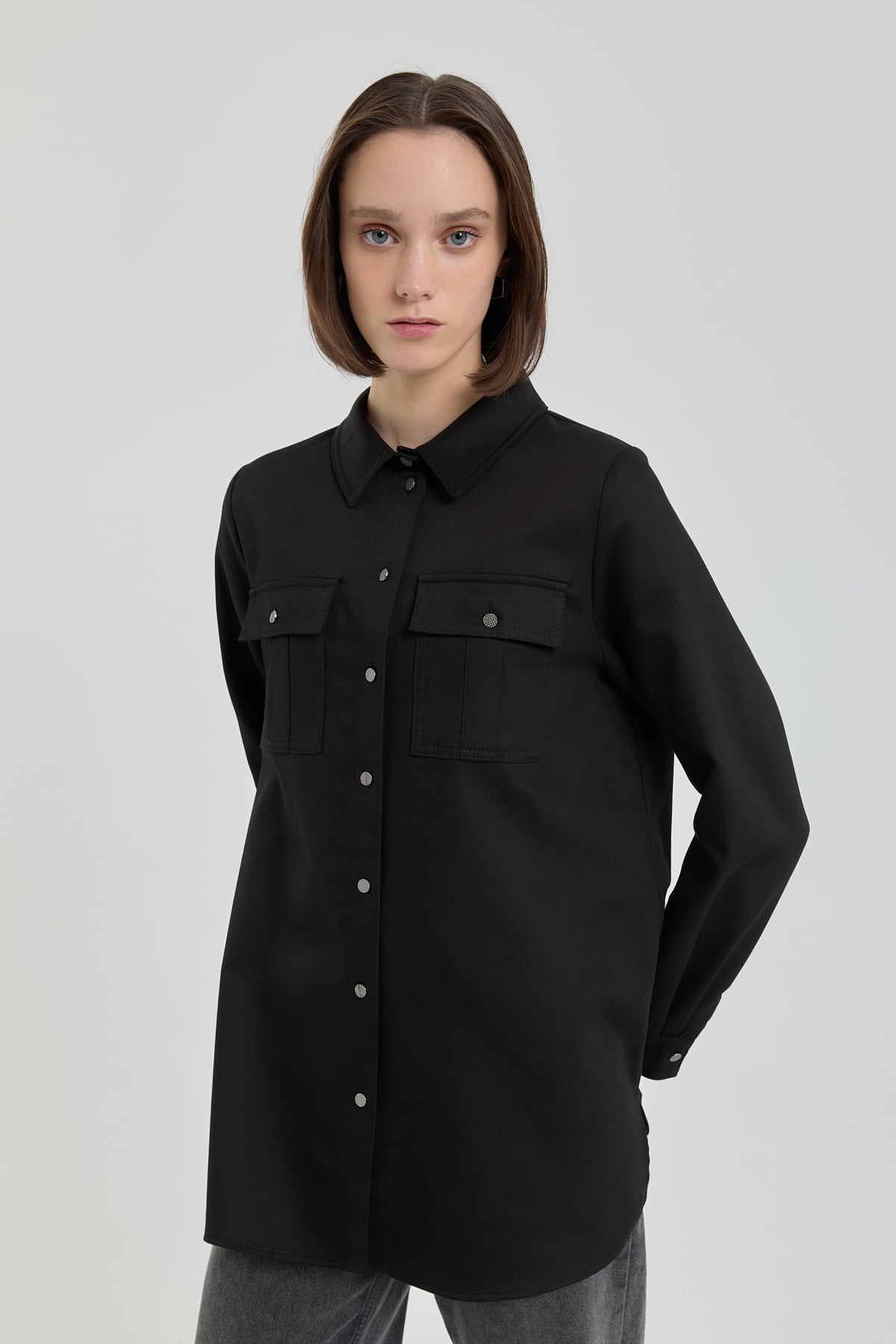 NİHAN Tunic Denim Görünümlü Cep Detaylı Tunik  Siyah_modest