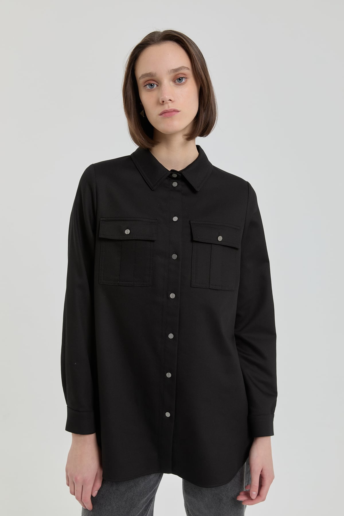 NİHAN Tunic Denim Görünümlü Cep Detaylı Tunik  Siyah_modest