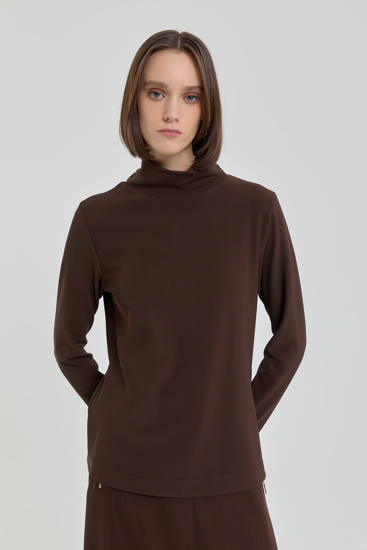 NİHAN Bluz Dik Yaka Basic Örme Bluz  Kahve_modest