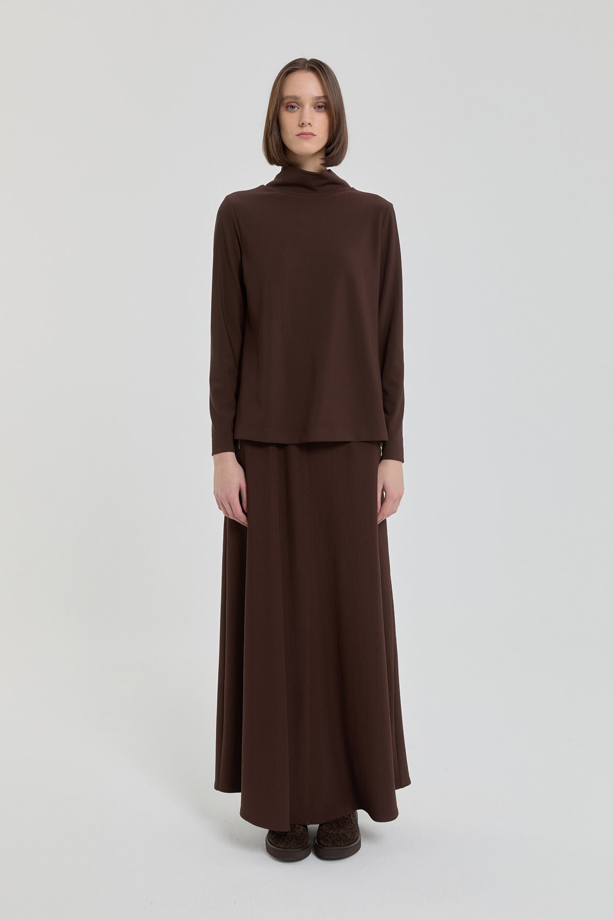 NİHAN Bluz Dik Yaka Basic Örme Bluz  Kahve_modest