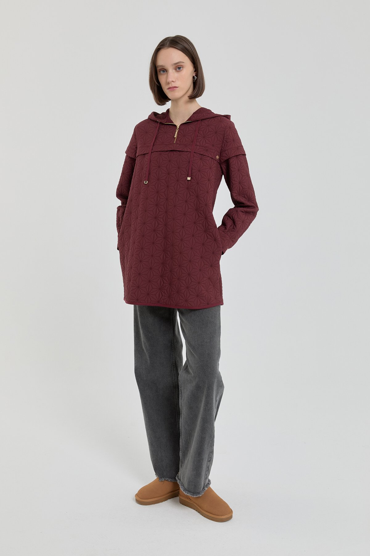 NİHAN Sweatshirt İnce Kapitone Kapşonlu Sweat  Bordo_modest