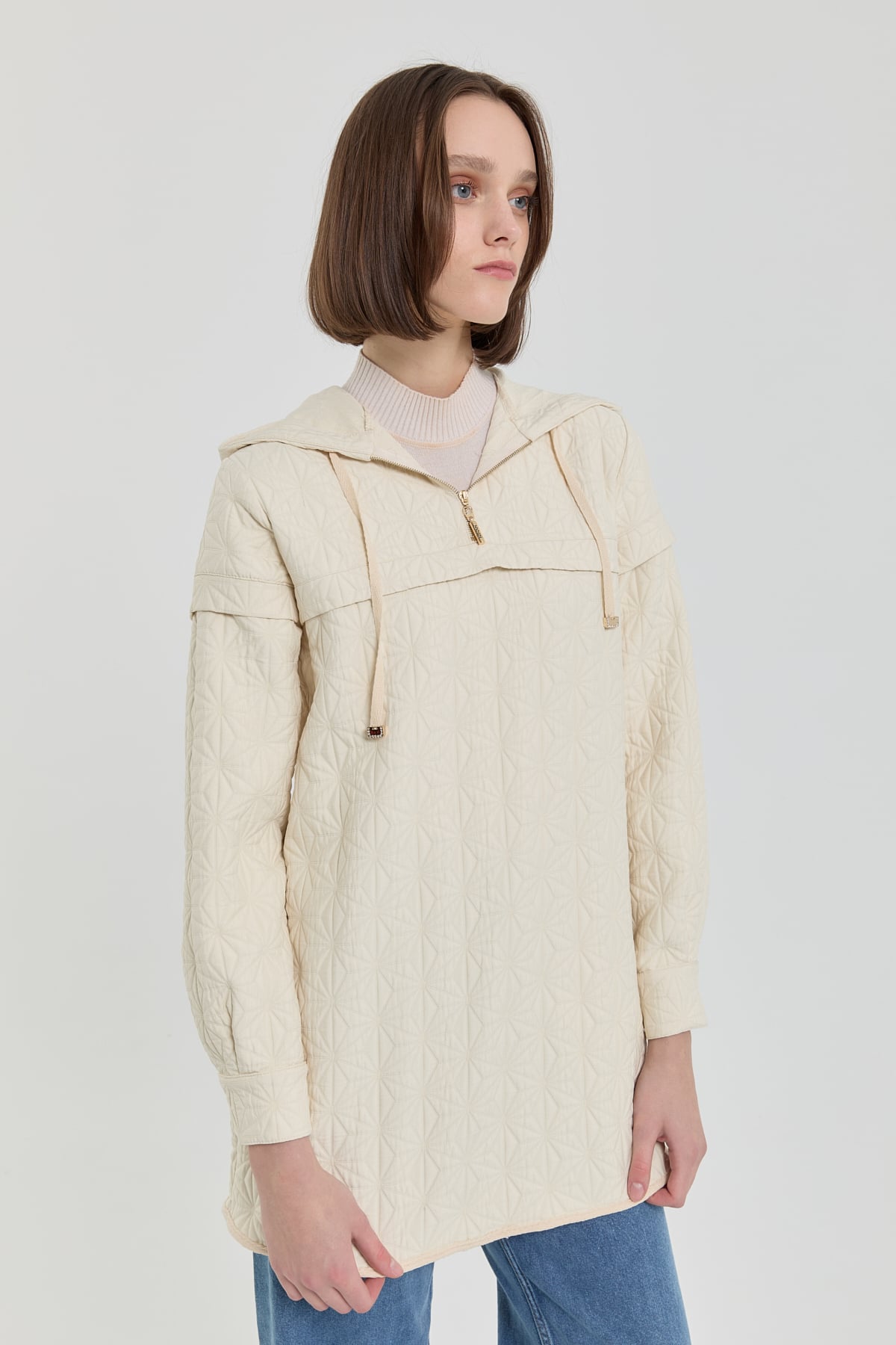 NİHAN Sweatshirt İnce Kapitone Kapşonlu Sweat  Ekru_modest