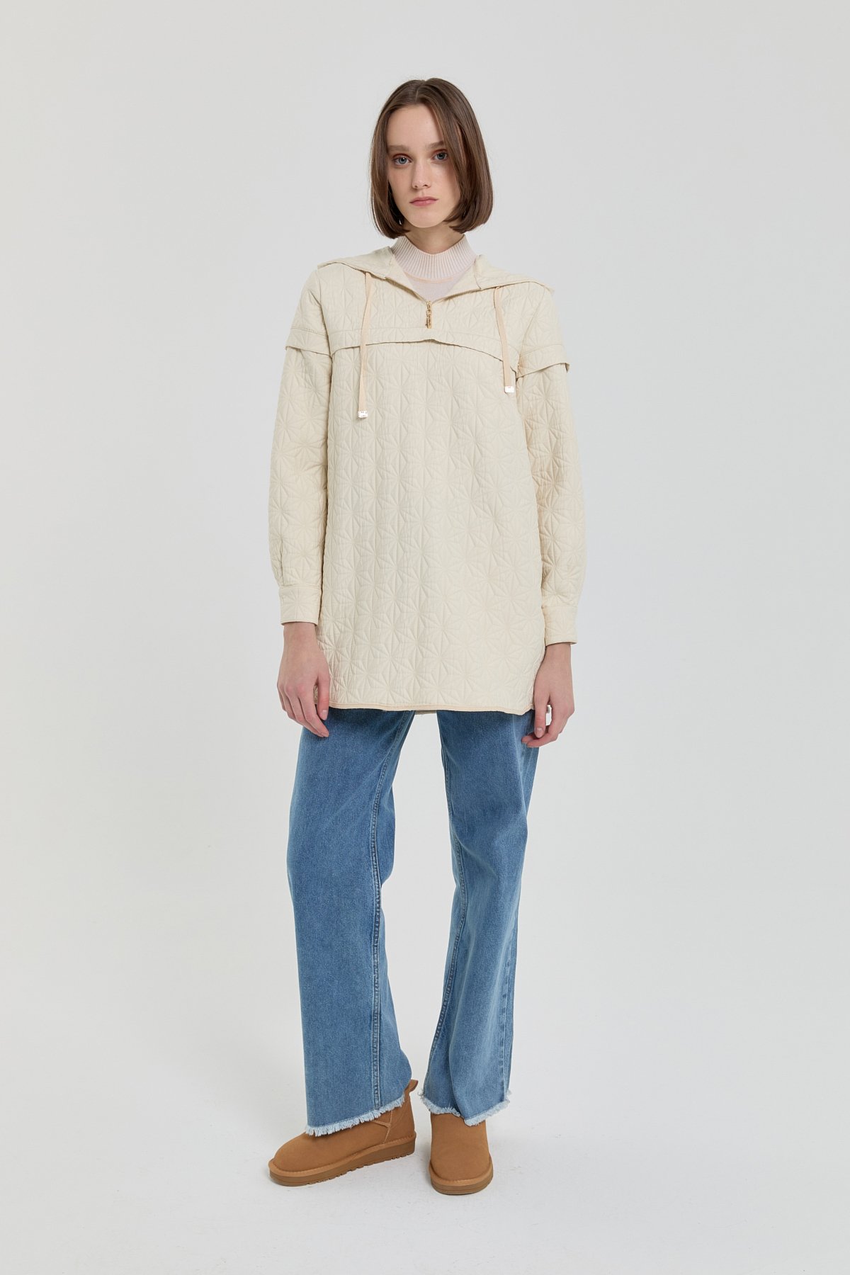 NİHAN Sweatshirt İnce Kapitone Kapşonlu Sweat  Ekru_modest