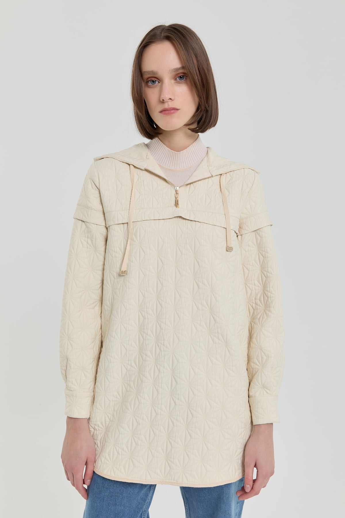 NİHAN Sweatshirt İnce Kapitone Kapşonlu Sweat  Ekru_modest