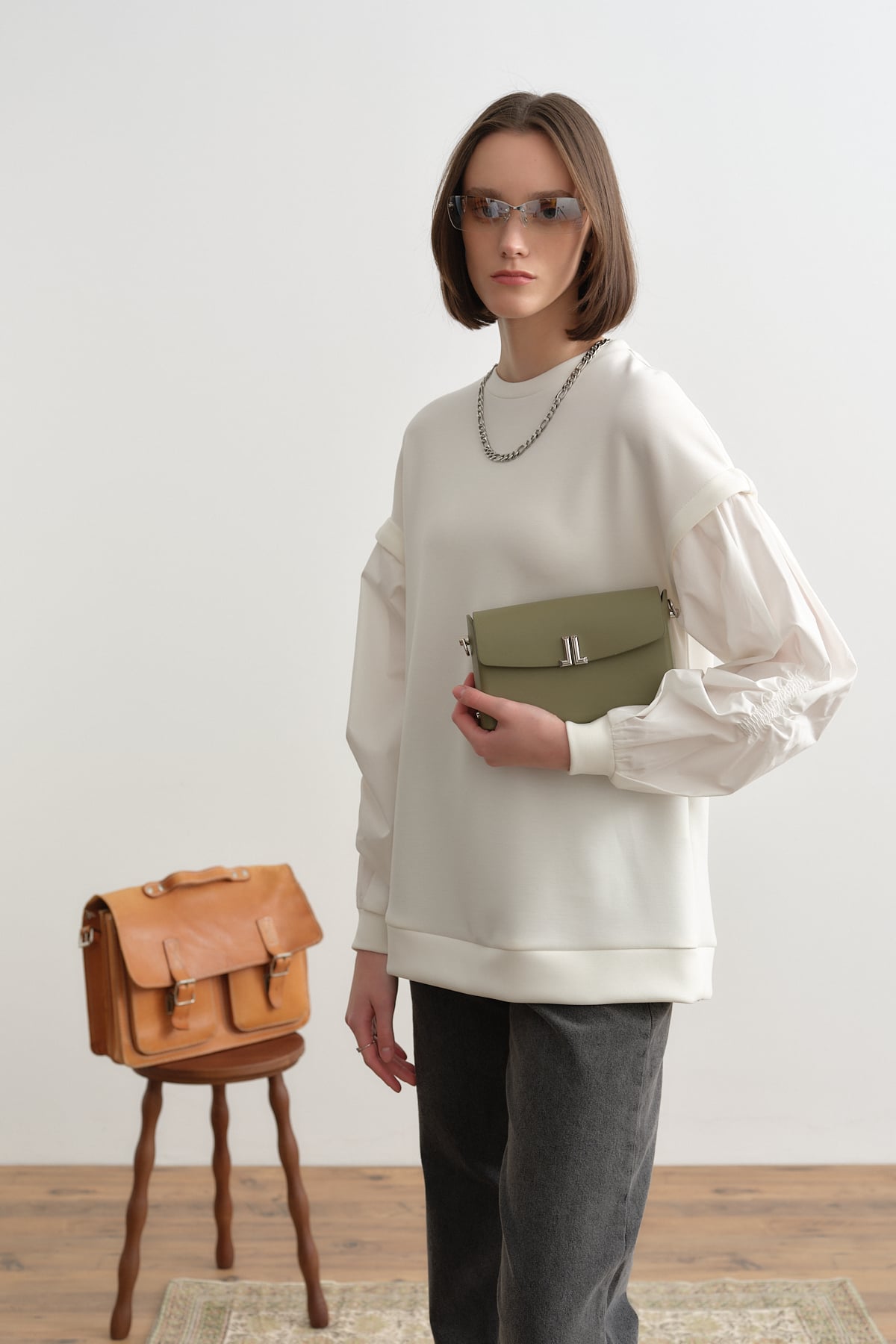 NİHAN Sweatshirt Kolları Poplin Örme Sweat  Ekru_modest