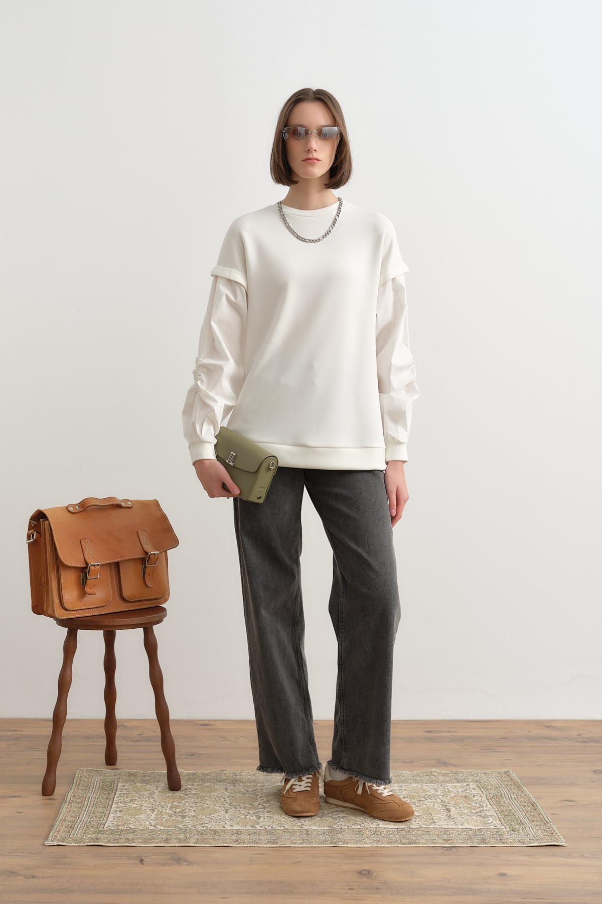 NİHAN Sweatshirt Kolları Poplin Örme Sweat  Ekru_modest