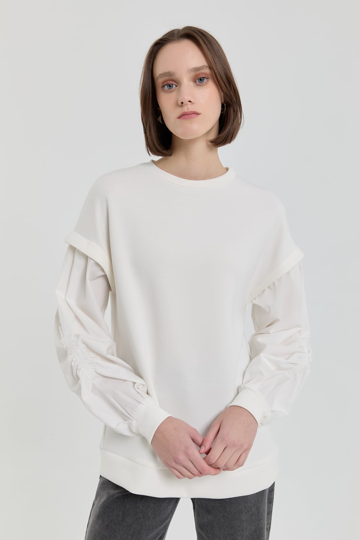 NİHAN Sweatshirt Kolları Poplin Örme Sweat  Ekru_modest