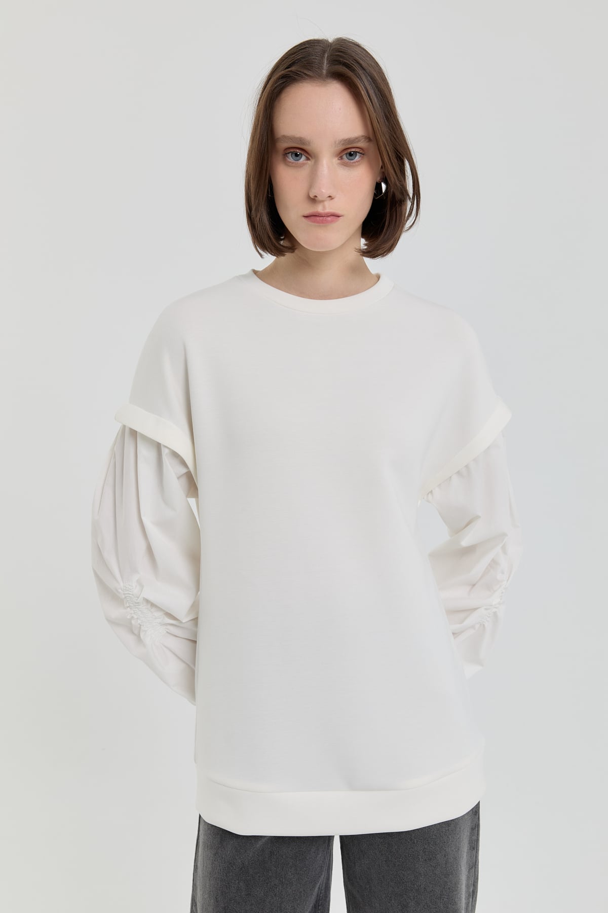 NİHAN Sweatshirt Kolları Poplin Örme Sweat  Ekru_modest