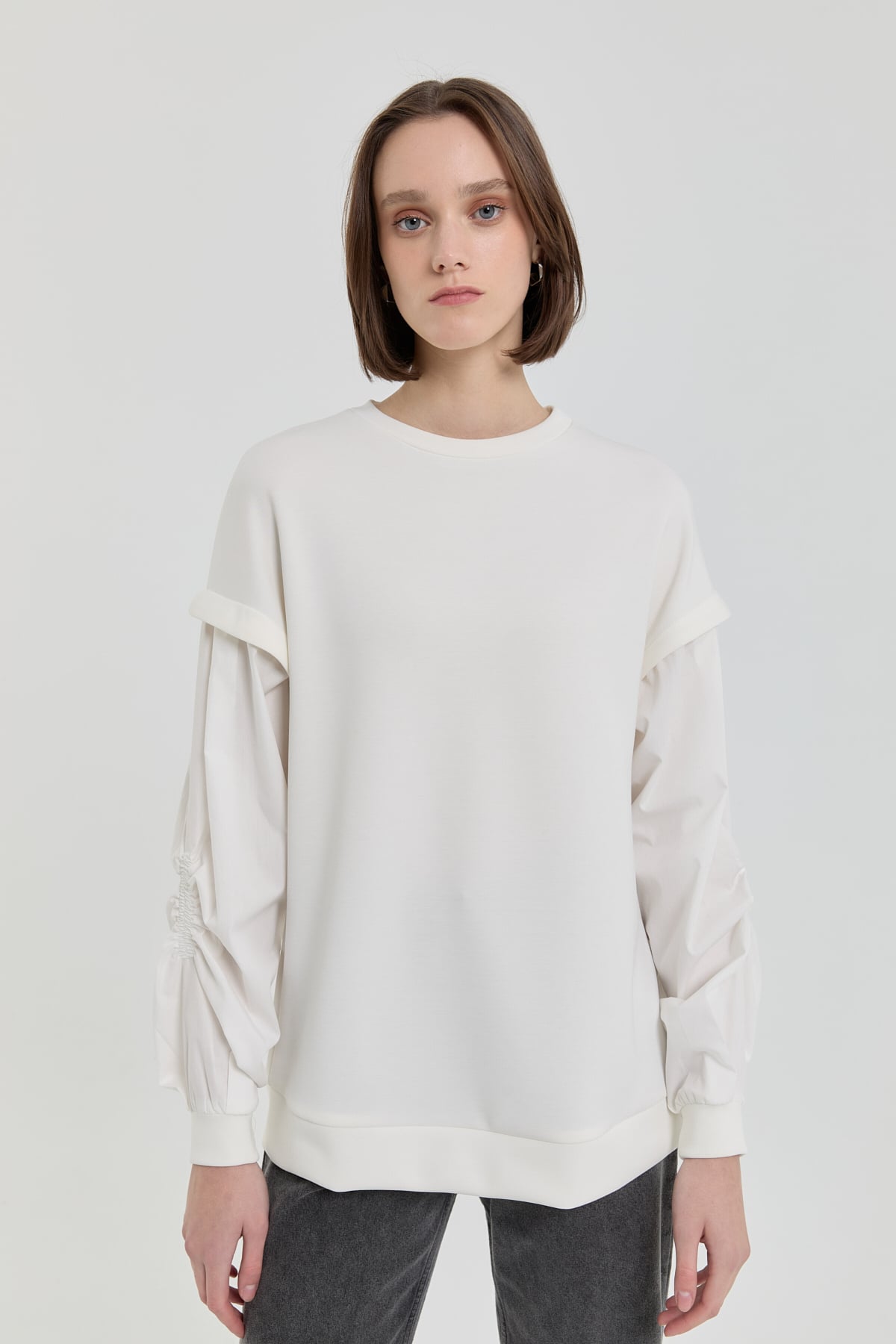 NİHAN Sweatshirt Kolları Poplin Örme Sweat  Ekru_modest