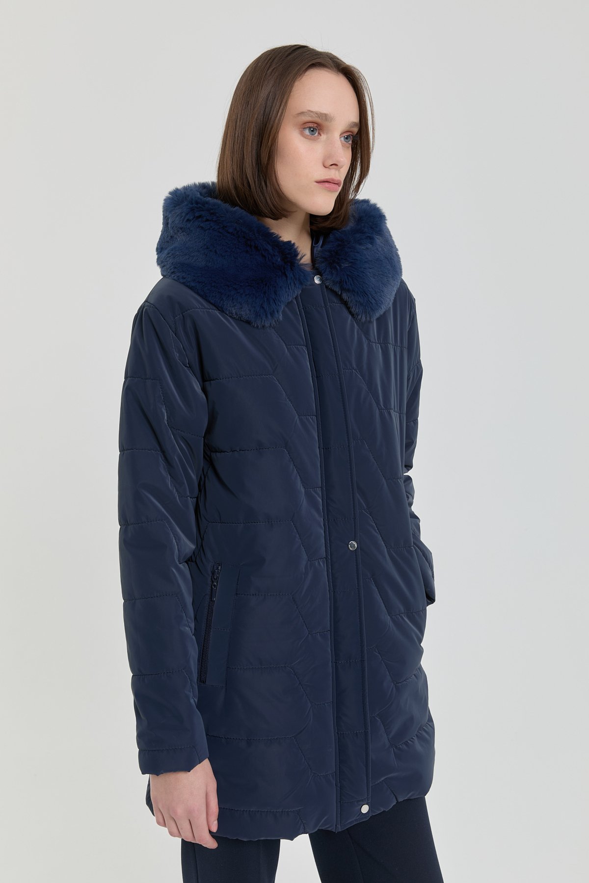 NİHAN Coat Kürk Kapşonlu Oversize Kapitone Kaban  Lacivert_modest