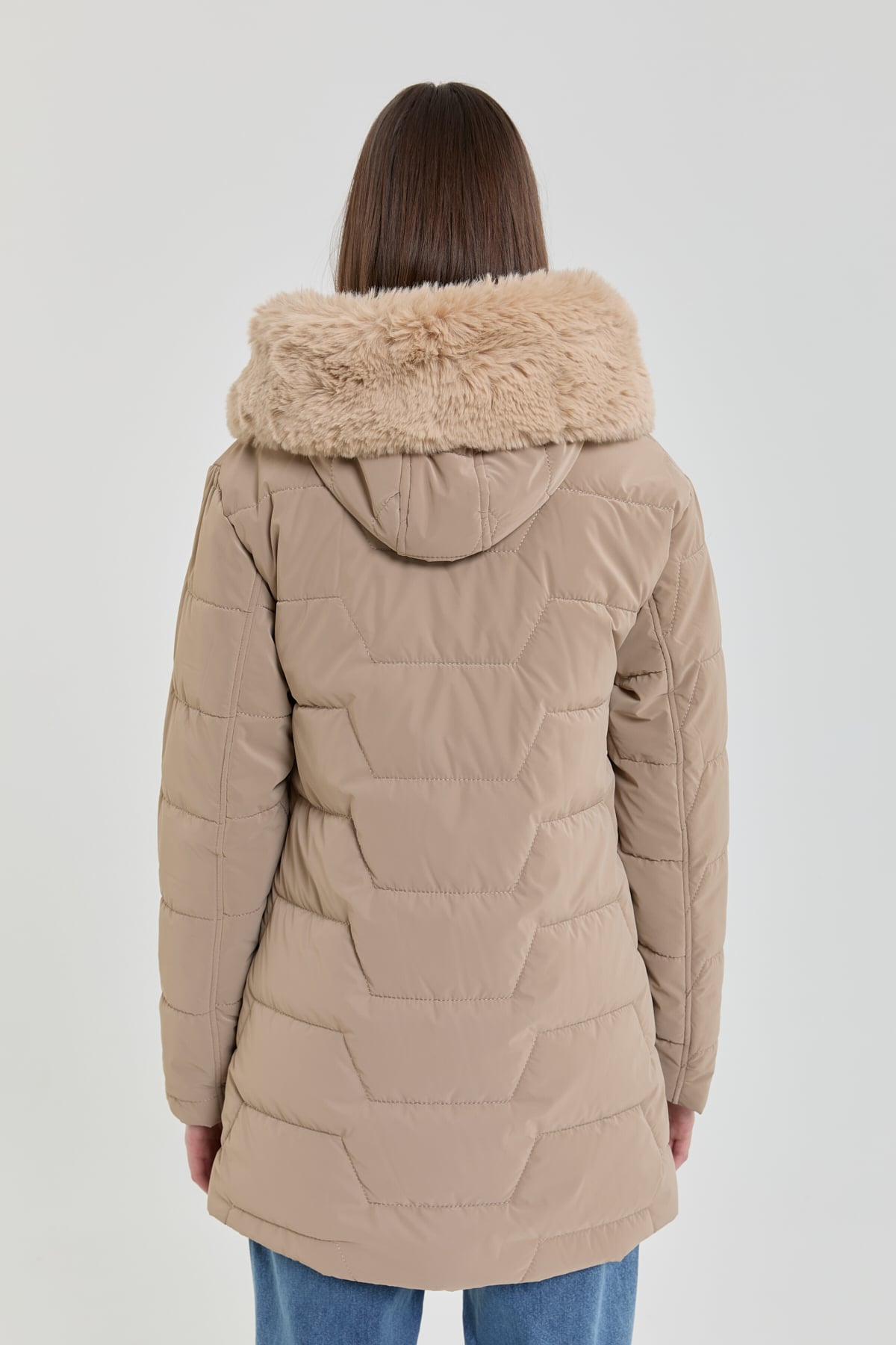 NİHAN Coat Kürk Kapşonlu Oversize Kapitone Kaban  Bej_modest