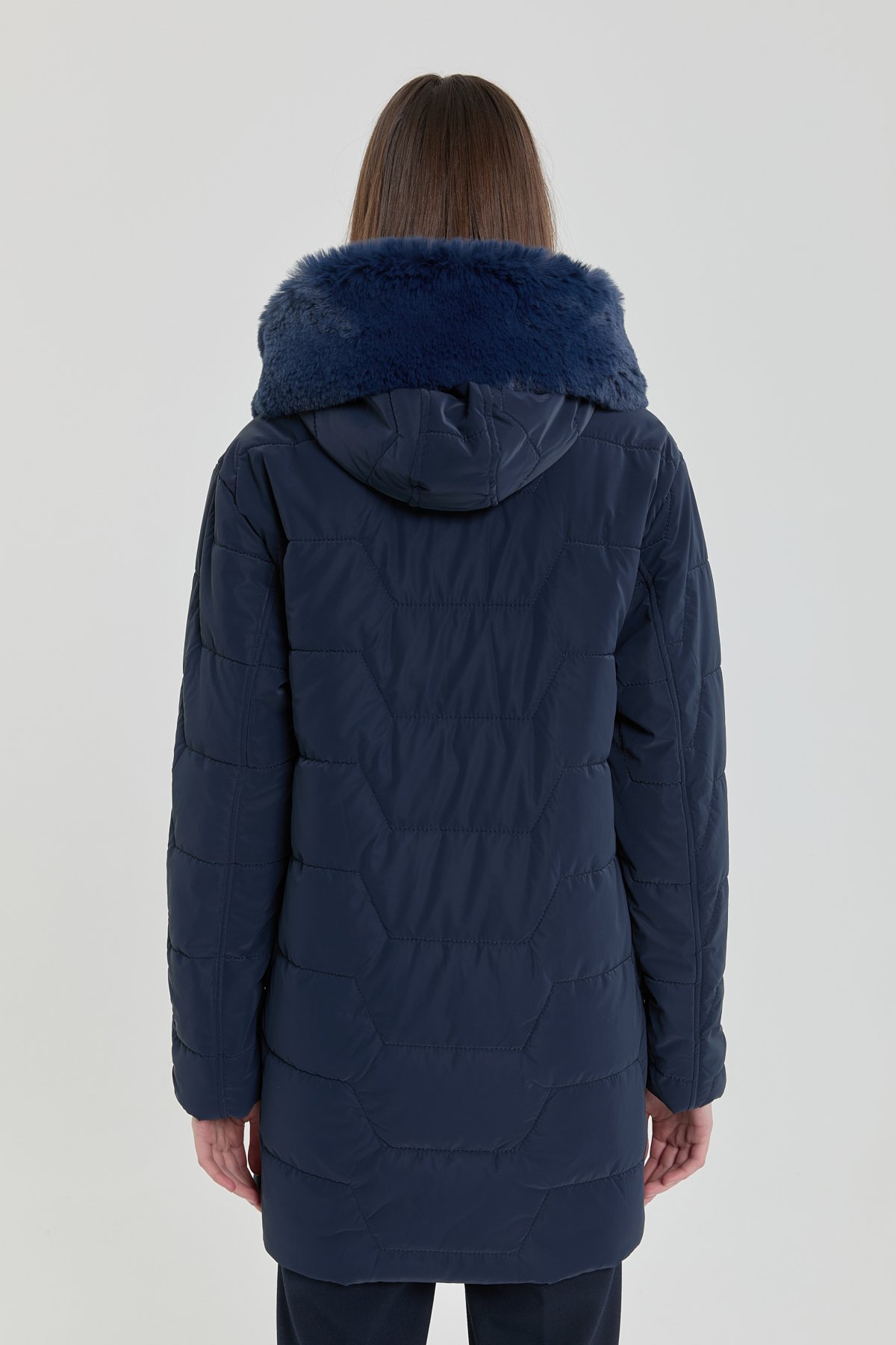 NİHAN Coat Kürk Kapşonlu Oversize Kapitone Kaban  Lacivert_modest