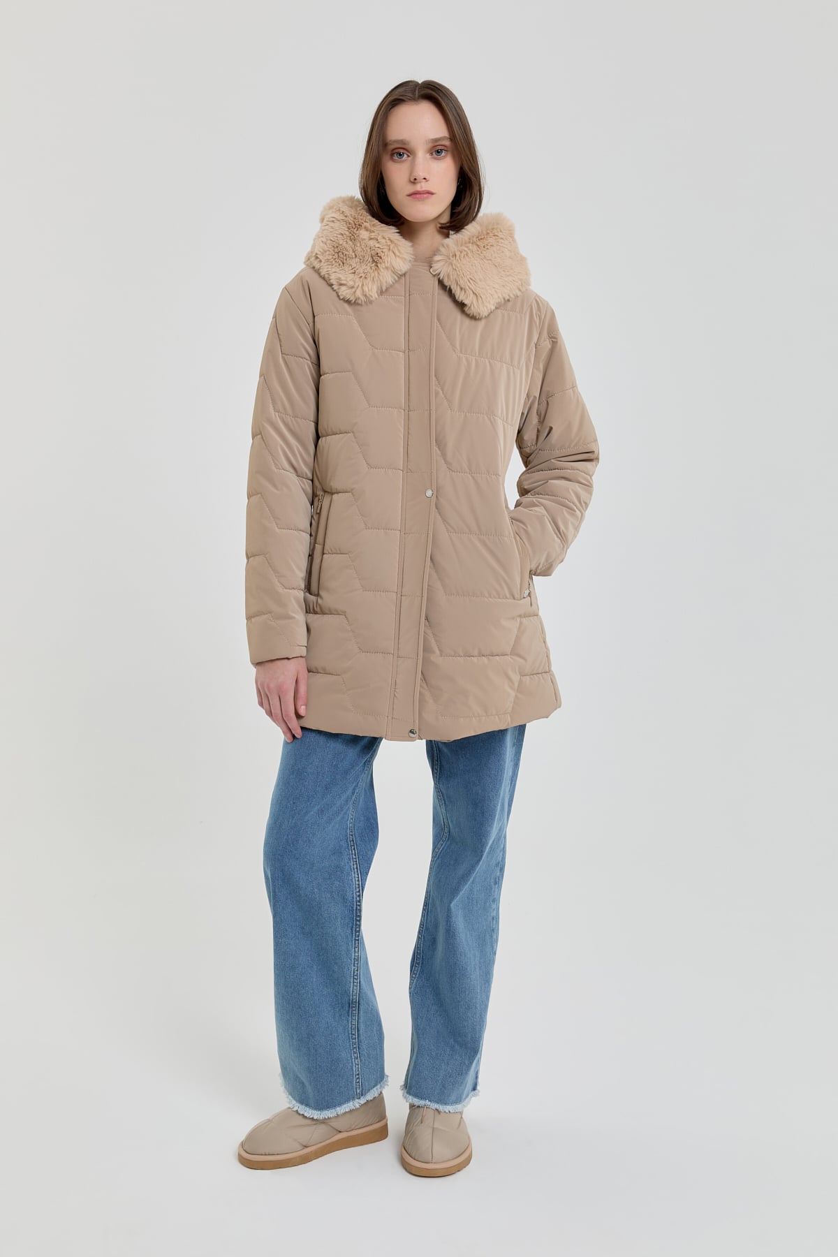 NİHAN Coat Kürk Kapşonlu Oversize Kapitone Kaban  Bej_modest