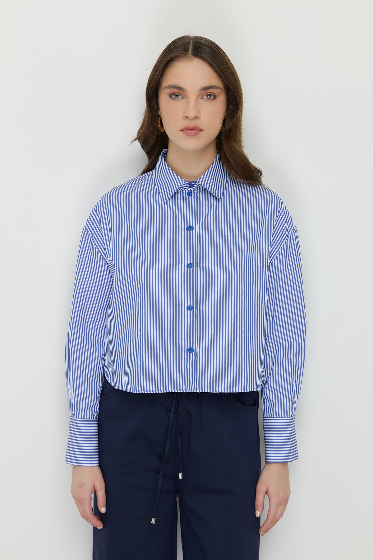 NİHAN Gömlek Nihan Basic Crop Gömlek  İndigo_modest