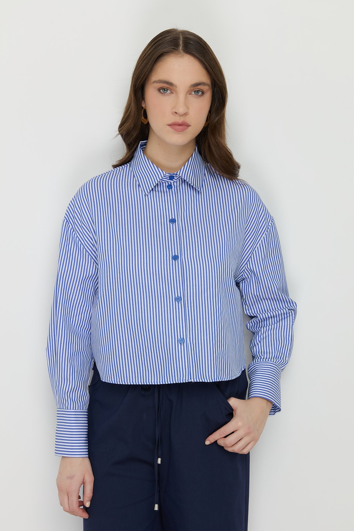 NİHAN Gömlek Nihan Basic Crop Gömlek  İndigo_modest