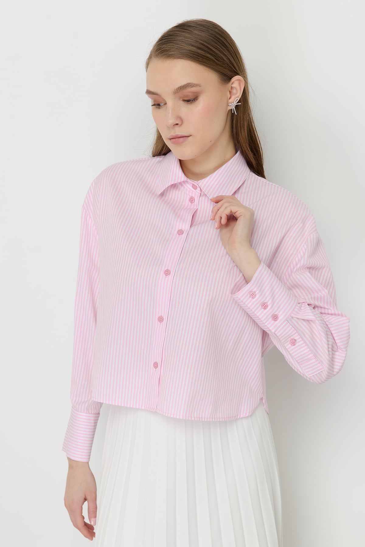 NİHAN Gömlek Nihan Basic Crop Gömlek  Pembe_modest